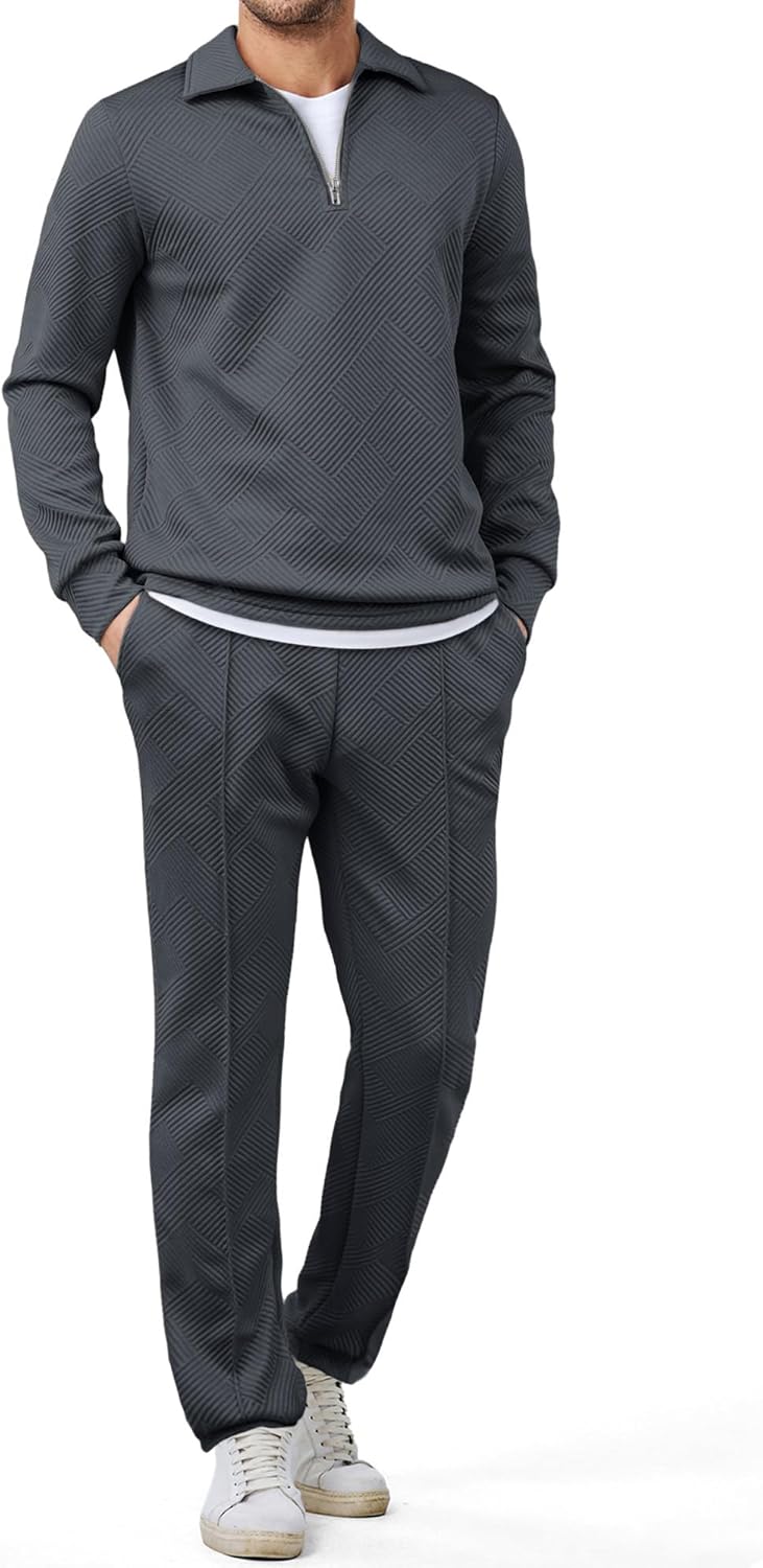 JMIERR Men's 2 Piece Outfits Quarter Zipper Polo Shirt Tracksuit & Joggers Sweatpants Sweatsuit Sets Jacquard - Image 2