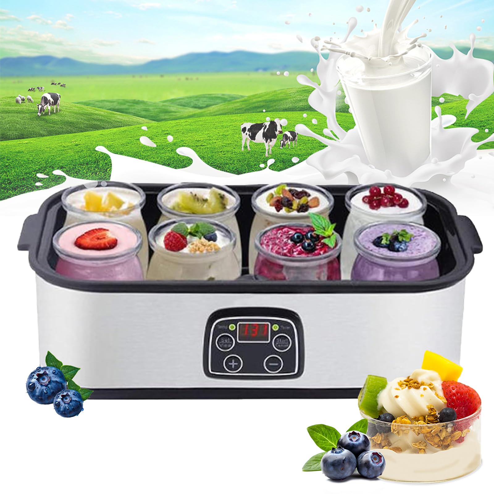 Grande yaourtière de 1400 ml avec 8 bocaux en verre, écran LCD, minuterie, température réglable pour yaourt probiotique bio, cadeau de santé