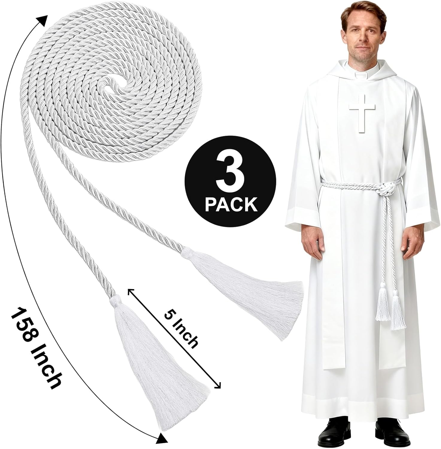 3 Pack Cincture Clergy Rope, 153 Inch Rope Belt for Priests, White Liturgical Cords with Tassel, Priest Accessories for Men Alba Robes Religious Rites Celebrating Masses Deacons Bishops