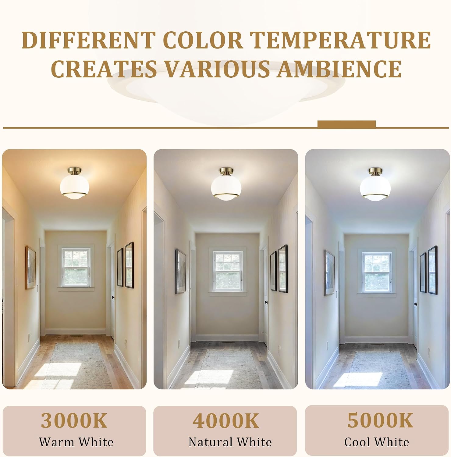 Maxax 14'' LED Brass Ceiling Light Fixture, Modern Small Flush Mount Chandelier, Opal Glass Shade, for Entryway, Hallway, Kitchen, Dining Room, Bedroom, 14W