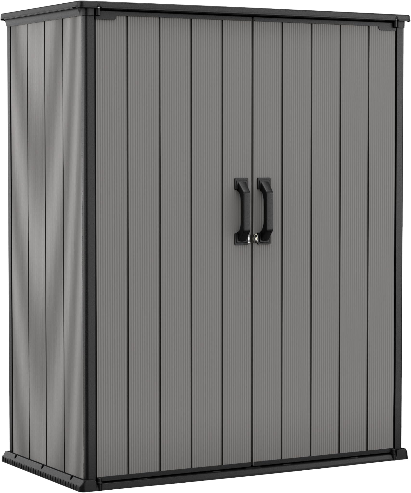 Keter Premier Tall 4.6x5.6 ft Resin Outdoor Storage Shed, Backyard Garden Shed with Shelving Brackets for Tools, Patio Furniture, Pool & Bike Storage, Grey & Black, 62 cu. ft Capacity