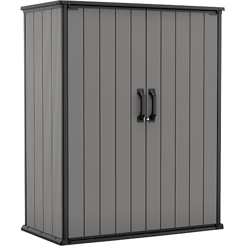 Keter Premier Tall 4.6x5.6 ft Resin Outdoor Storage Shed, Backyard Garden Shed with Shelving Brackets for Tools, Patio Furniture, Pool & Bike Storage, Grey & Black, 62 cu. ft Capacity
