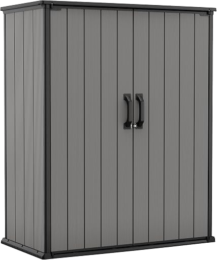Keter Premier Tall 4.6x5.6 ft Resin Outdoor Storage Shed, Backyard Garden Shed with Shelving Brackets for Tools, Patio Furniture, Pool & Bike Storage, Grey & Black, 62 cu. ft Capacity