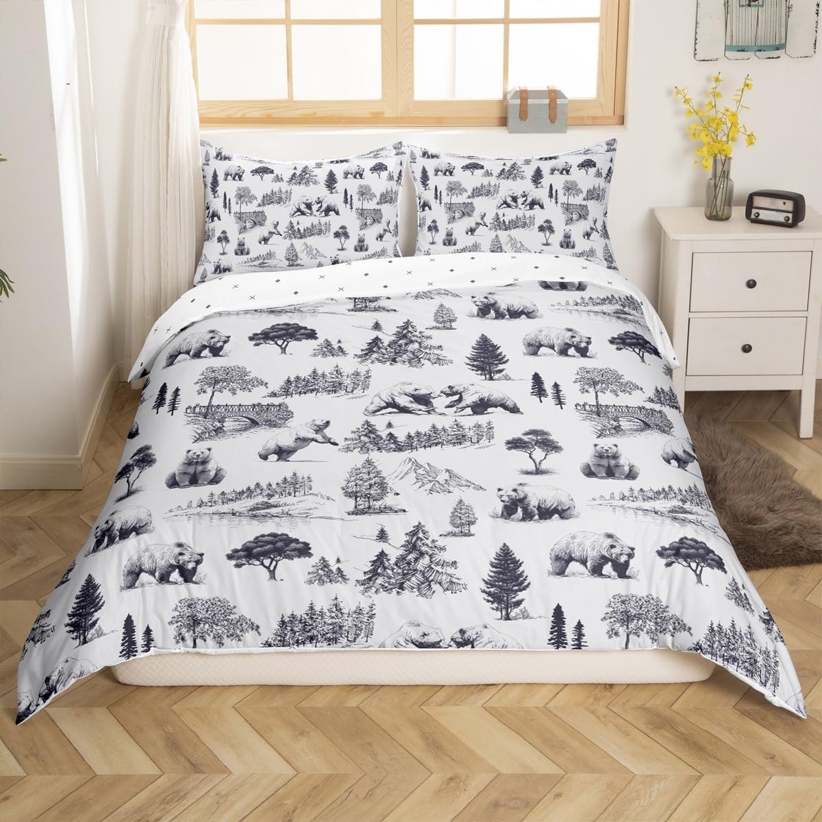 jejeloiu Kids Bear Bedding Set Toddler Size Rustic Bear Bedding Duvet Cover Set for Boys Teens Decor Cabin Lodge Bear Comforter Cover Set Botanical Tree Bear Animals Bedspread Cover 2Pcs,No Comforter