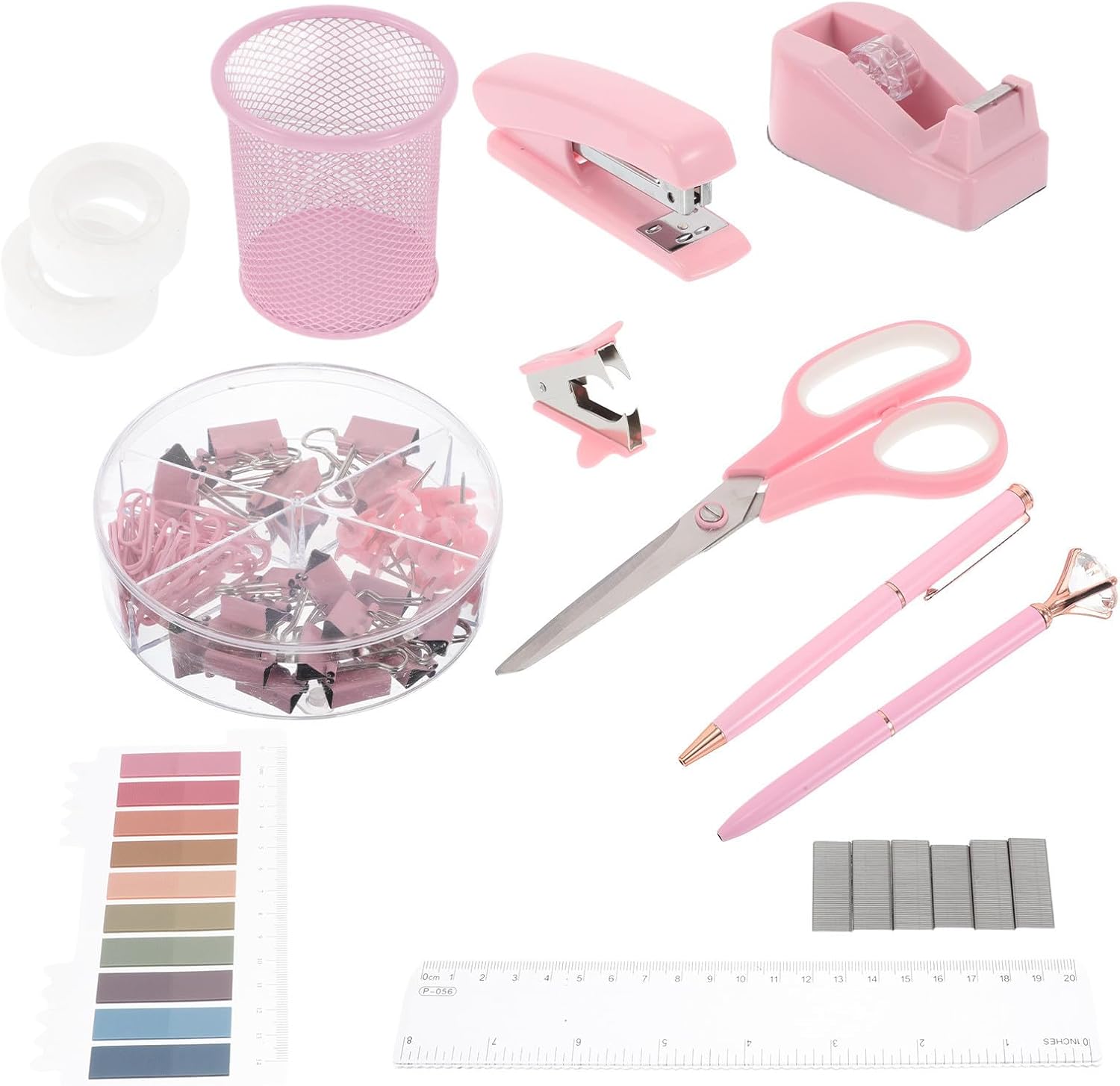 TEHAUX Pink Office Supply Kit for Women Desk Accessories Set with Stapler, Tape Dispenser, Staple Remover Productivity Enhancement and Longterm Reliability for Workspace and Schools