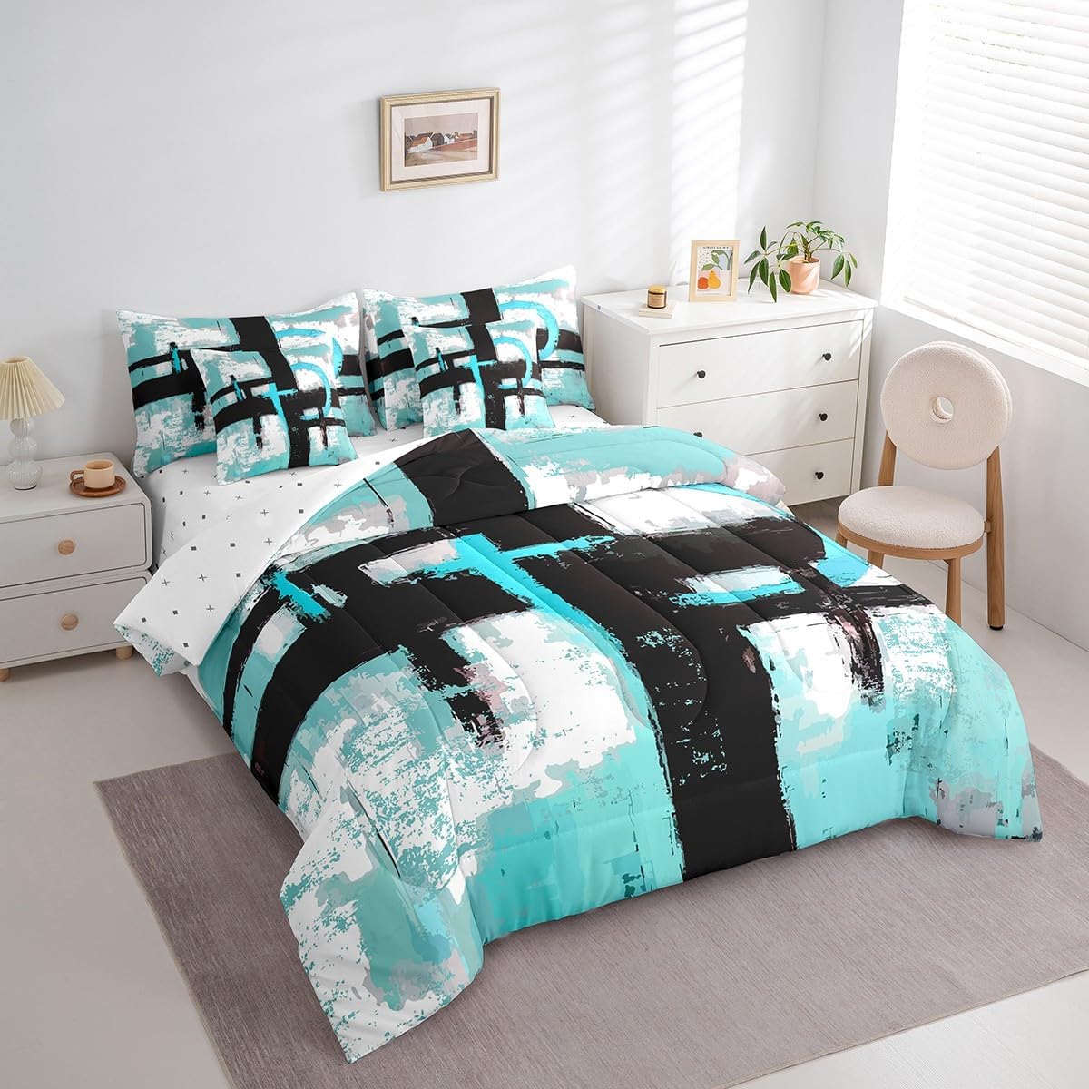 Feelyou Abstract 7 Piece Bedding Set King Size Blue and Black Abstract Art Comforter Set with Sheets for Boys Girls Modern Geometric Bed in a Bag Soft Room Decor
