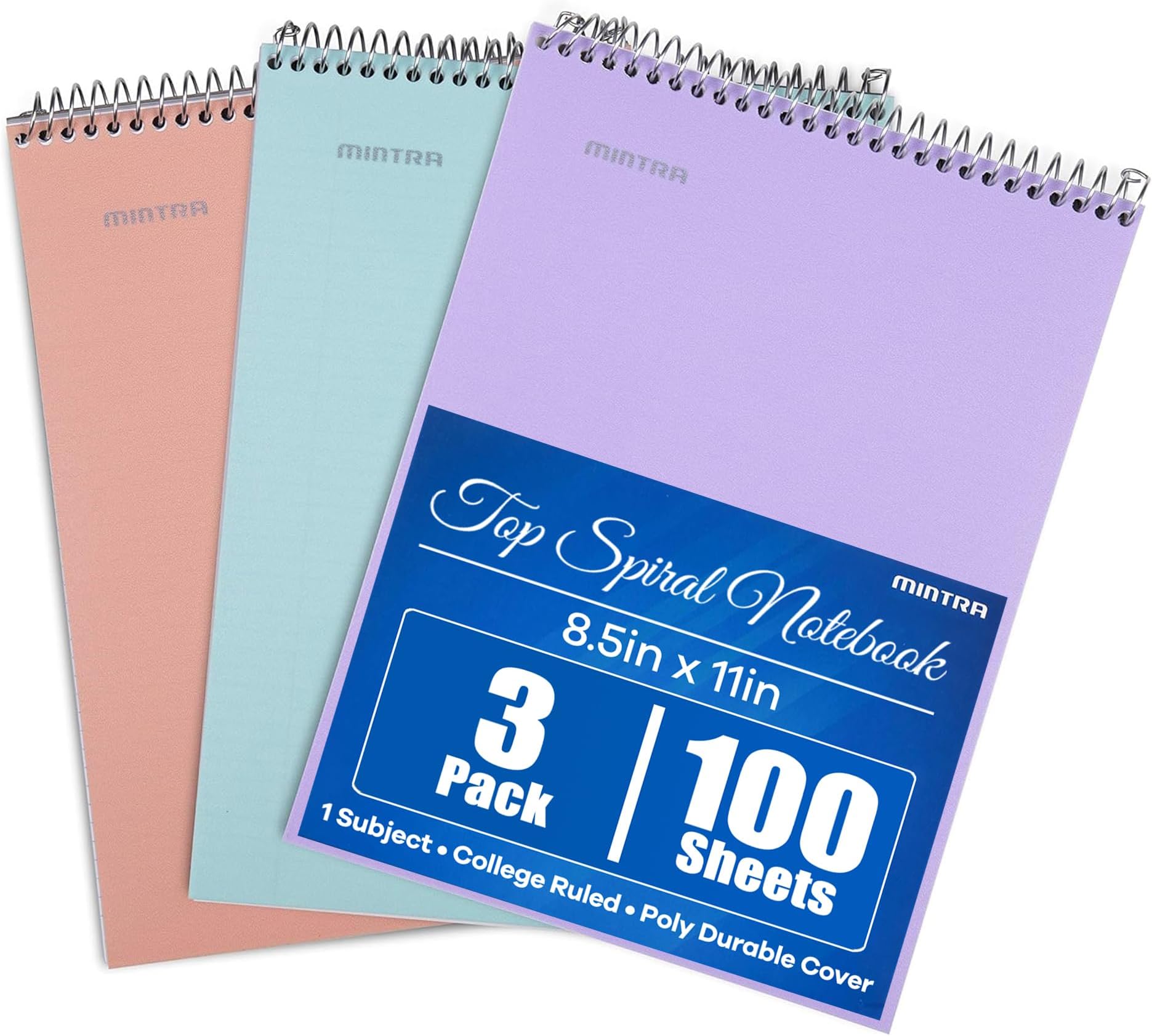 Mintra Office TOP BOUND Durable Spiral Notebooks (Lavender, Salmon, Sage Green, College Ruled 3pk)