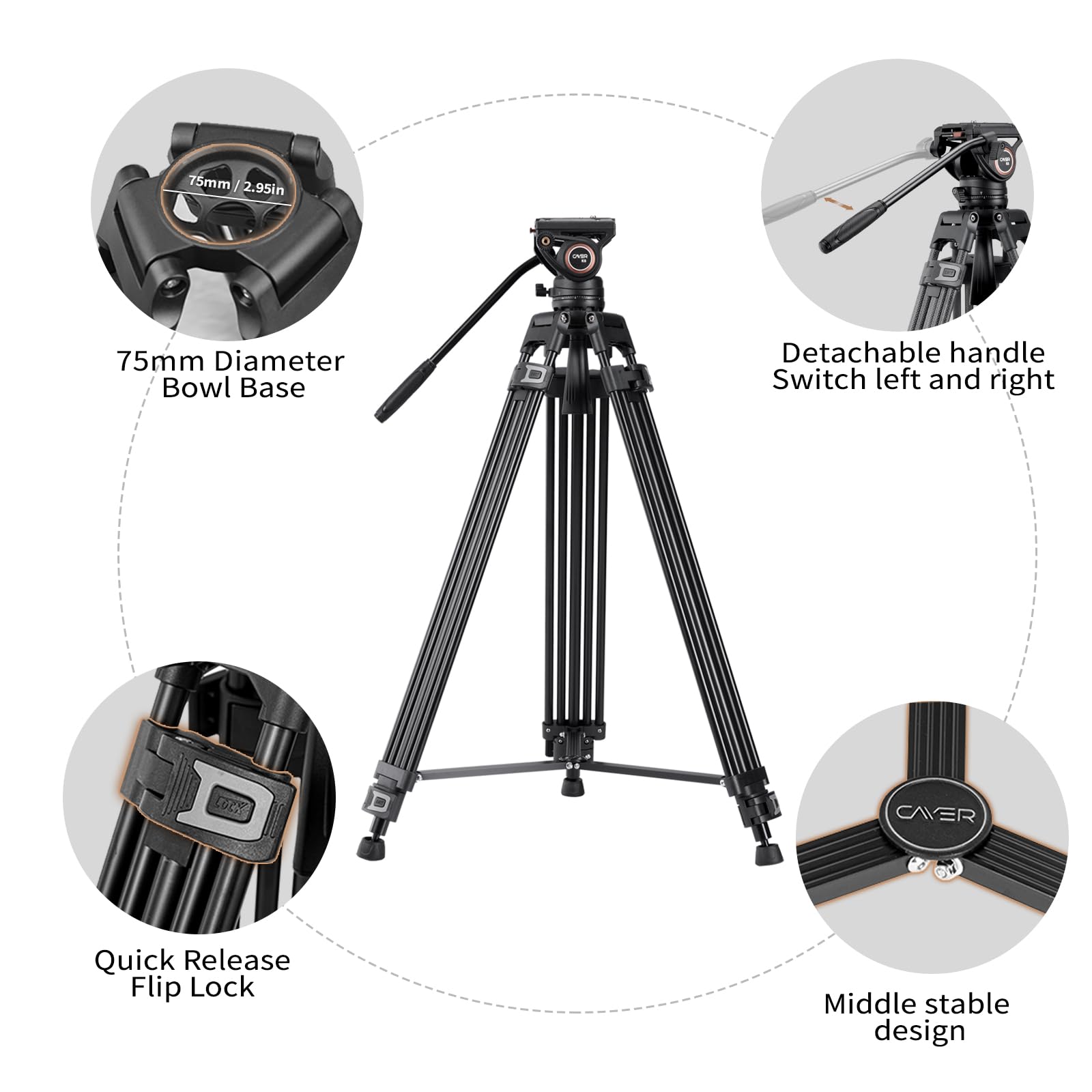 Système de trépied vidéo, Cayer BF30L 72 Pouces - Trépied Professionnel à Double Tube en Aluminium très résistant, tête Fluide K6, épandeur de Niveau intermédiaire, Charge maximale de 17,6 LB,