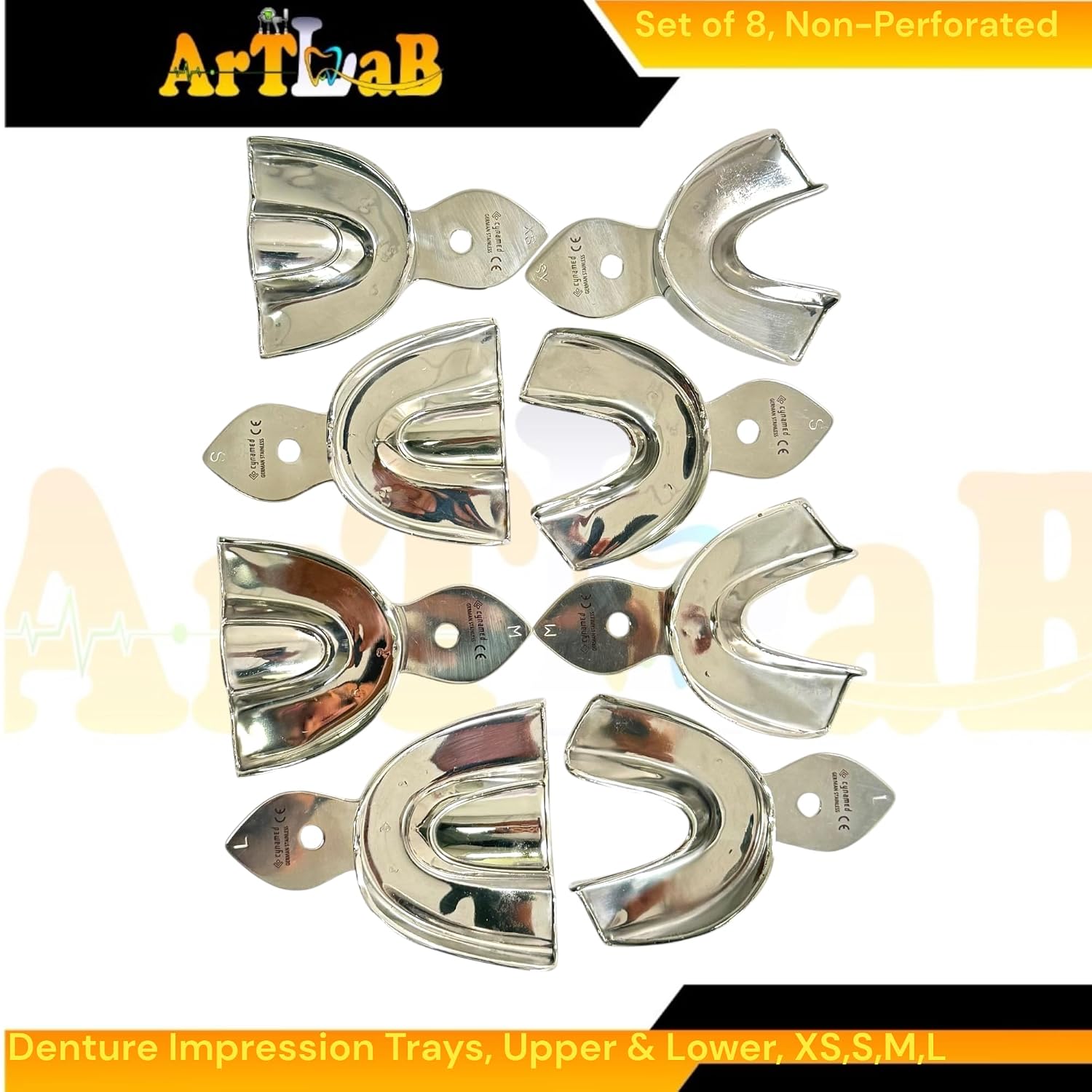Denture Impression Tray Kit of 8pcs | Lower & Upper Trays, Solid Non-Perforated Style | Extra-Small, Small, Medium, and Large Sizes | German Stainless Steel Lab Tools