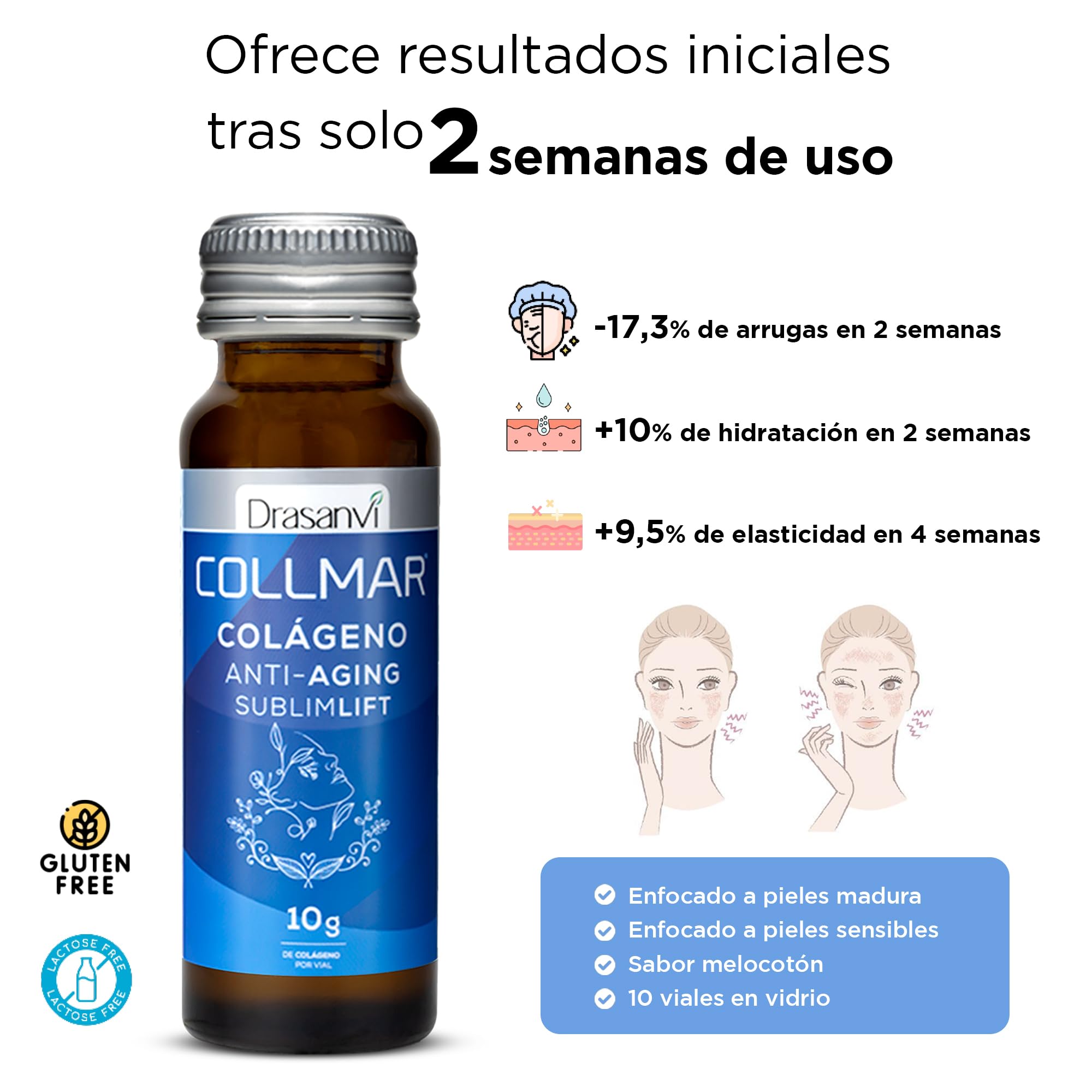 COLÁGENO MARINO SUBLIMLIFT SHOTS | 10g Colágeno Marino Hidrolizado Tipo I + Ácido Hialurónico + 11 Activos | Antiarrugas, Firmeza, Hidratación y Luminosidad | 10 Shots 50ml Melocotón | Drasanvi