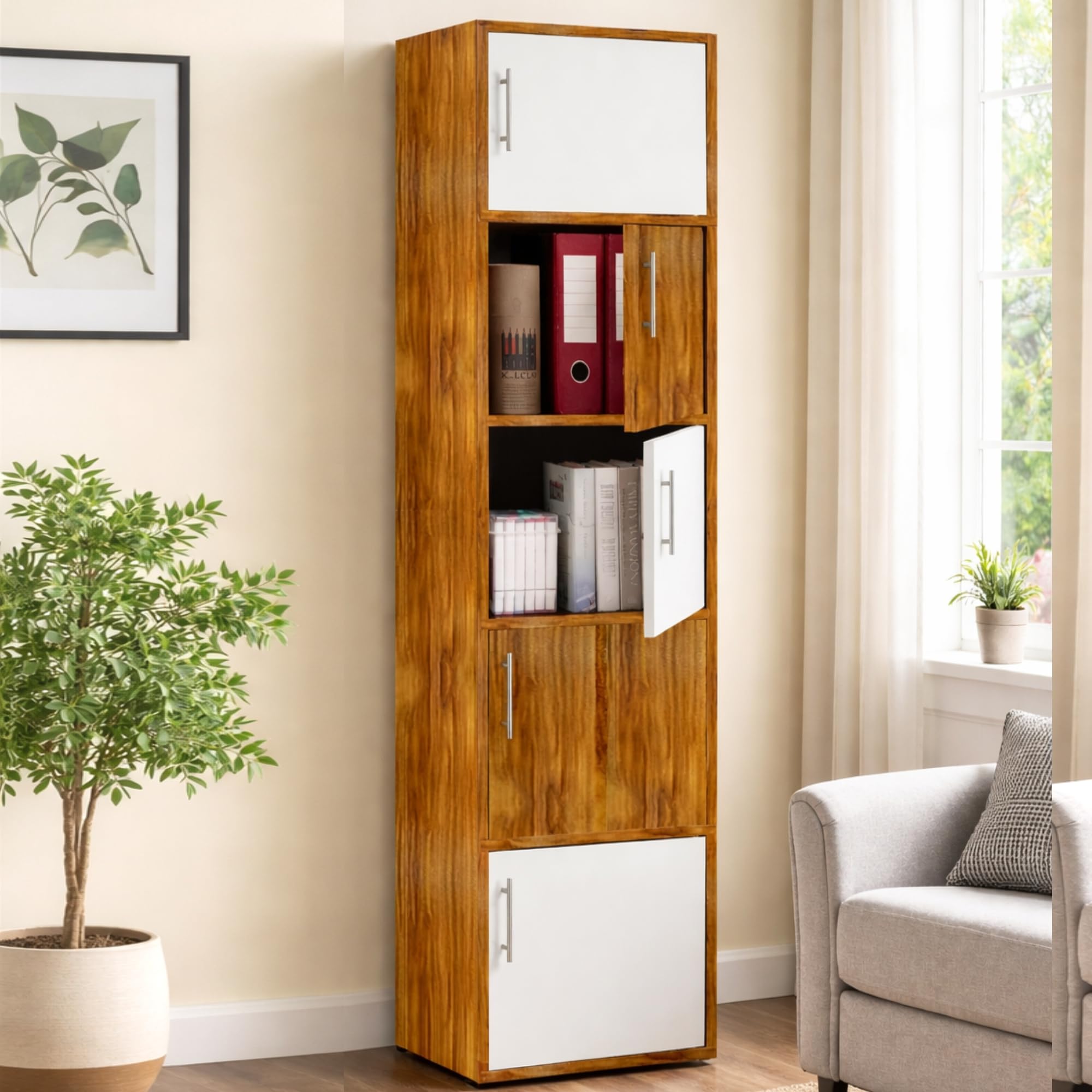Callas Wooden Book Rack | Multi-Compartment Storage Cabinet | Space-Saving Vertical Bookshelf with Doors | Durable & Sturdy Organizer for Home & Office (Walnut, 5 Tier)