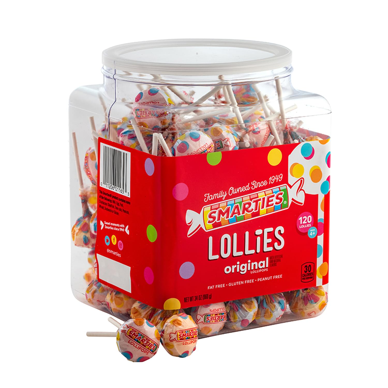 Smarties Lollies - Gluten Free, Peanut Free, Fat Free Assorted Fruity Flavors Lollipops - Low Calorie Perfect for Birthdays, Parties - Made by US Candy Company Since 1949 - 34 oz 120 Count (Pack of 1)