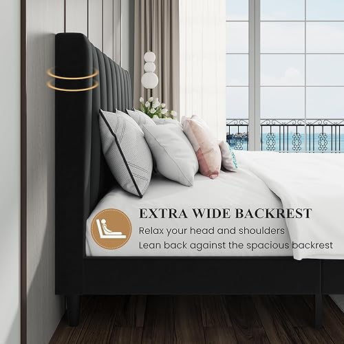 Miniatura 37 de SHA CERLIN Marco de cama matrimonial/plataforma tapizada de terciopelo con cabecero, soporte de listones de madera resistente, base de colchón, no