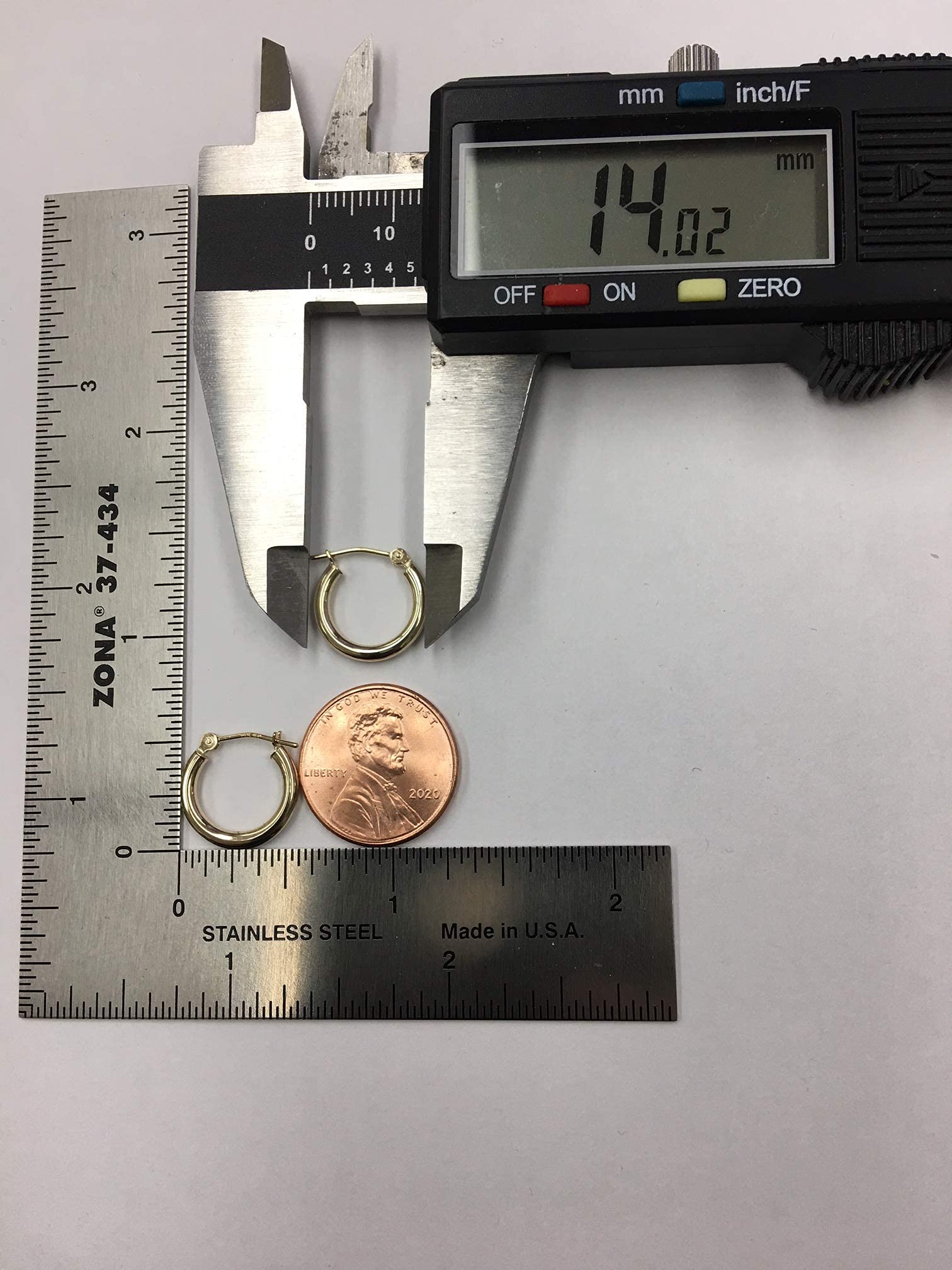 14k Yellow Gold Classic Shiny Polished Round Hoop Earrings, 2mm tube