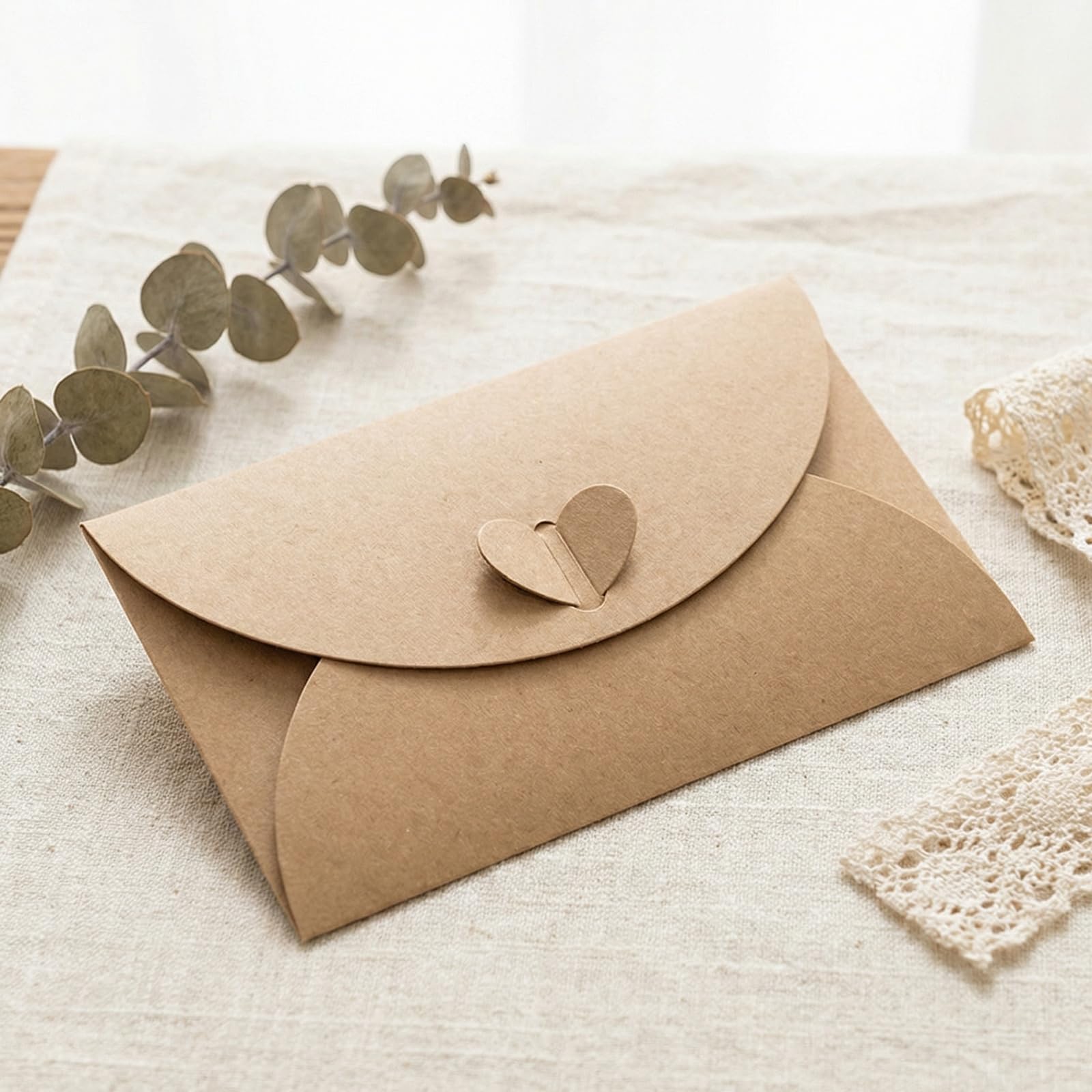Buste Kraft Mini Con Chiusura Cuore e Cartoncini Bianchi Vintage Per Biglietti Regalo Feste Natale Compleanno