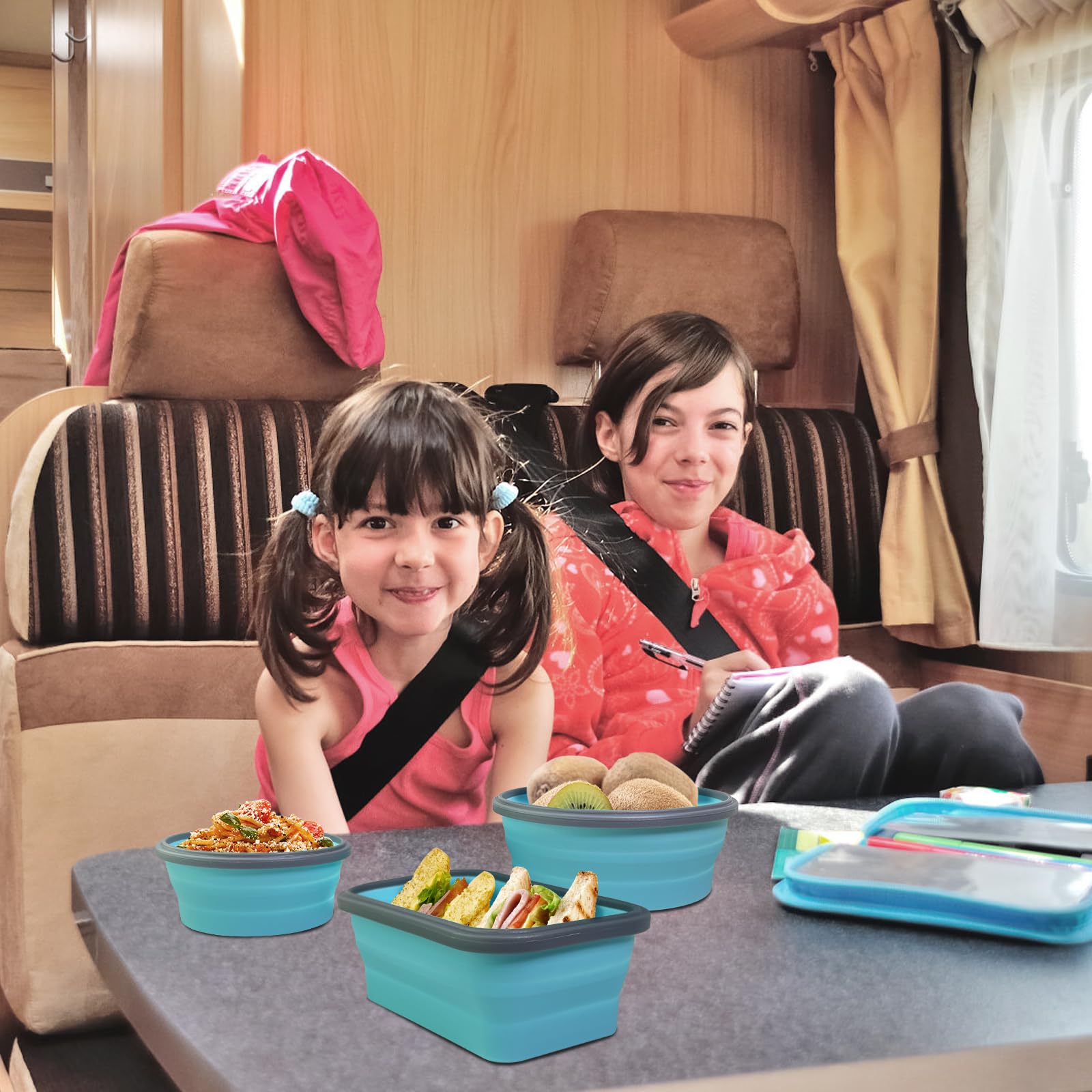 Guyuyii Faltbare Silikon-Frischhaltedosen mit Deckel, luftdichte Mahlzeiten-Vorbereitung, faltbare Schüsseln für Camping, Wohnmobil-Zubehör und Mittagessen, mikrowellen-, gefrier- und