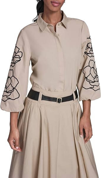 Karl Lagerfeld Womens Puff Sleeve Blouse with Floral Embroidery Detail