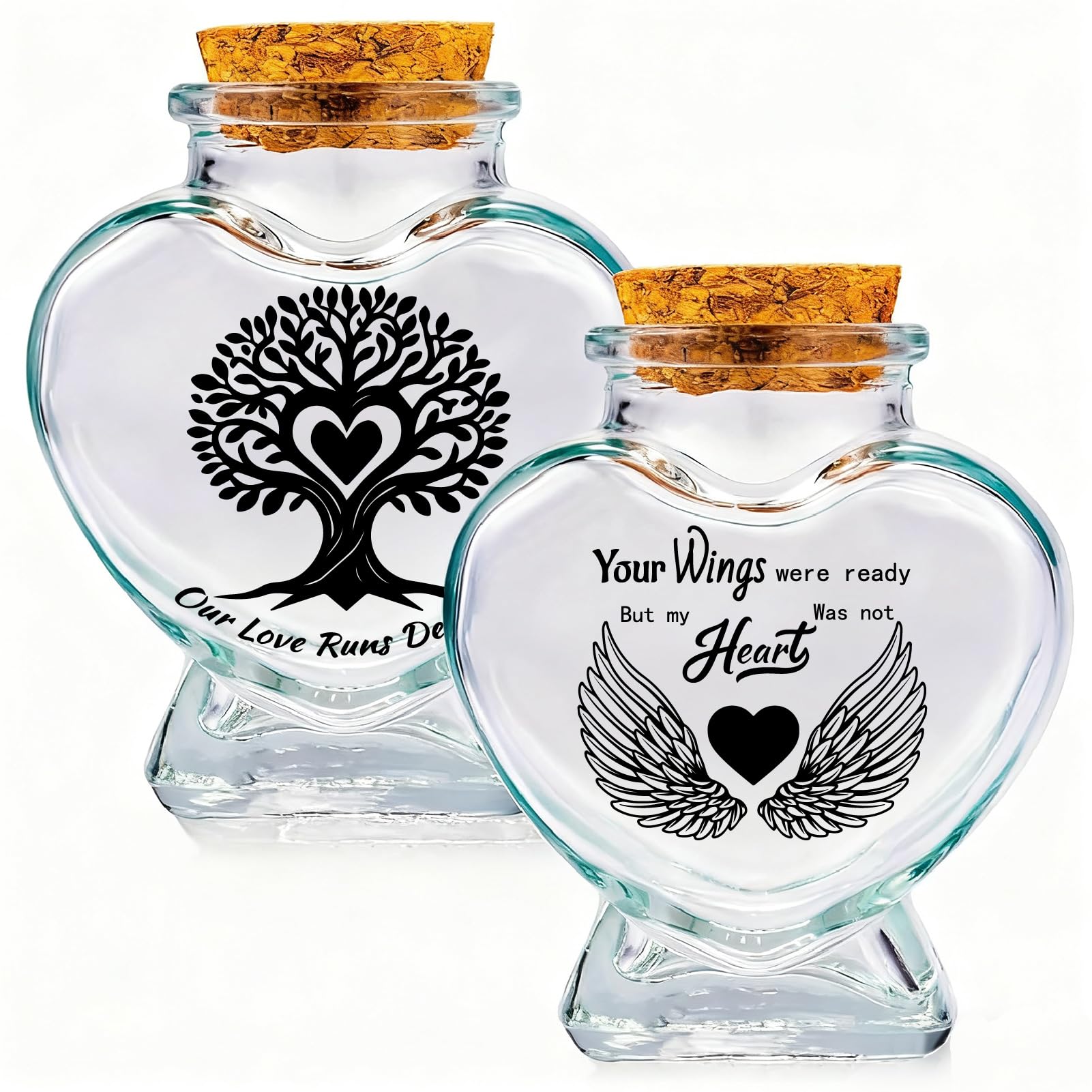 PRESSINART 2PCS 2 Styles Pet Hair Keepsake Bottle Dog Memorial Jar Wings and Tree of Life Pattern Glass Heart Shaped Container Memorial Urns with Cork Stopper for Collecting Storing Dog Cat Fur Ashes