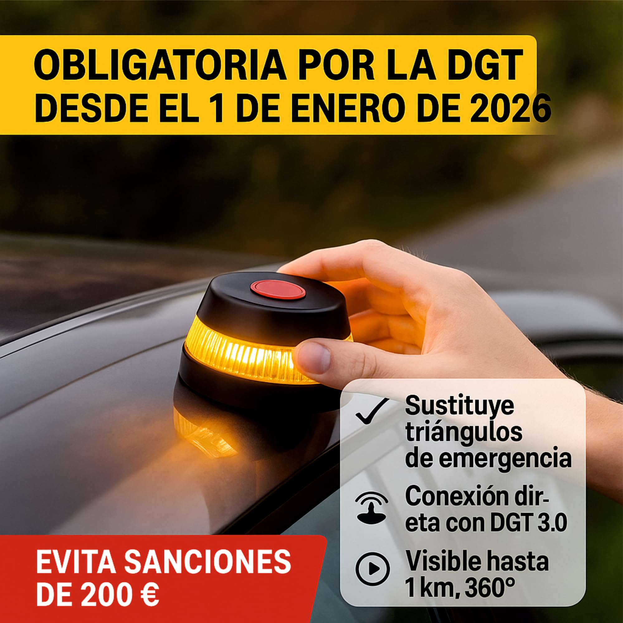 QCM Productos Personalizados Luz Emergencia V16 Geolocalizada Homologada Dgt Ch-009 | Baliza Led Certificada con Conexión Iot Y Geolocalización | Sustituye Triángulos A Partir De 2026