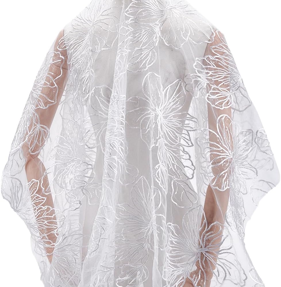 MAYJOYDIY 2 Yards White Flower Branch Embroidered Lace Fabric 59inch Floral Leaf Mesh Lace Trim Wedding Accessories Tulle for DIY Wedding Dresses Half Skirt Dress Curtains Background