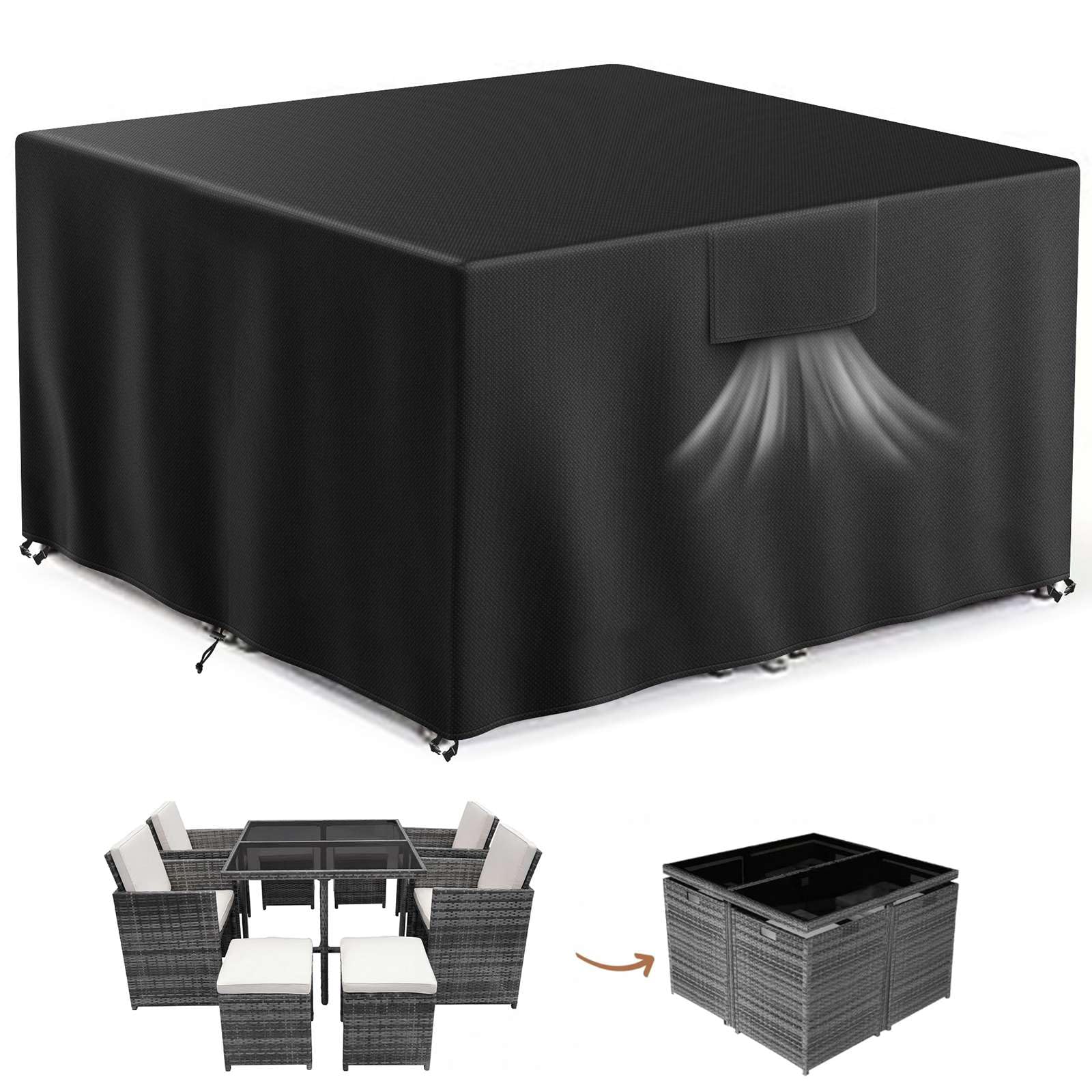 Raweao Black Waterproof Garden Furniture Cover For Cube Rattan Set, 125X125x74cm, 500D Heavy Duty Anti‑Uv Windproof Outdoor Square Dining Table Chair Protector With Drawstring For 4 Seater Dining Set