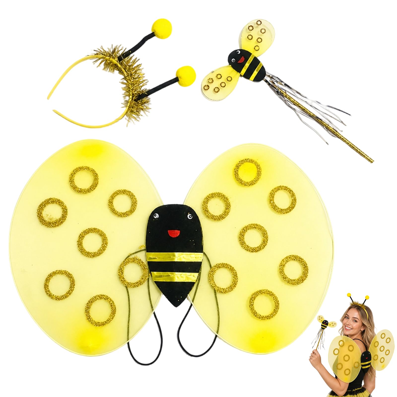 3-piece set Bee Costume Set with Bee Wings, Bee Headband and Wand, Complete Bumblebee Outfit for Role Play Activities,Vibrant Yellow and Black Design, Performance activities and Carnival Celebrations