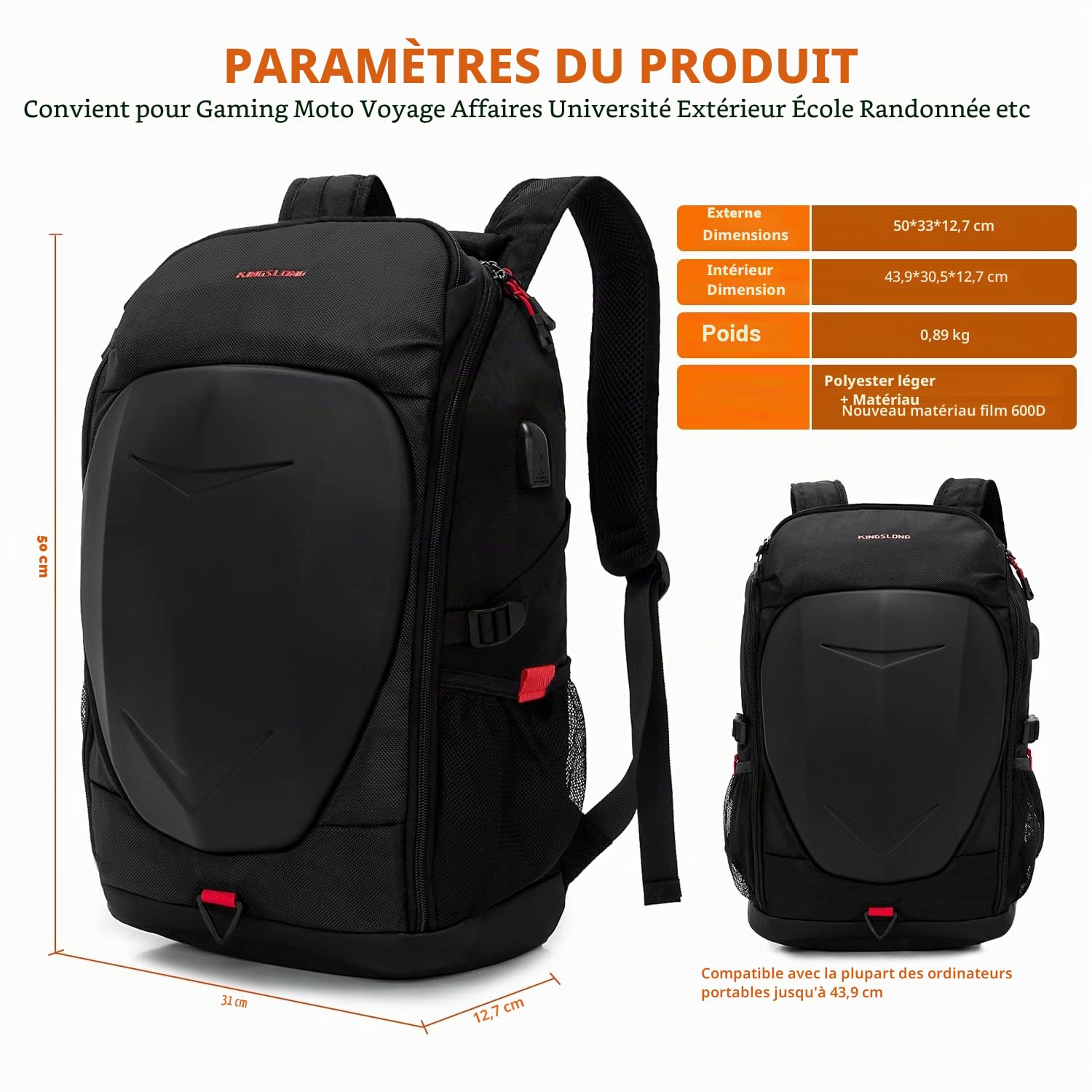 KINGLONG Sac à Dos de Moto de Jeu à Coque dure, Sac à dos Travel | Ordinateur Portable 15-17,3 Pouces avec Port de Charge USB Antivol Imperméable Voyager Hommes Travailler Entreprise Extérieur
