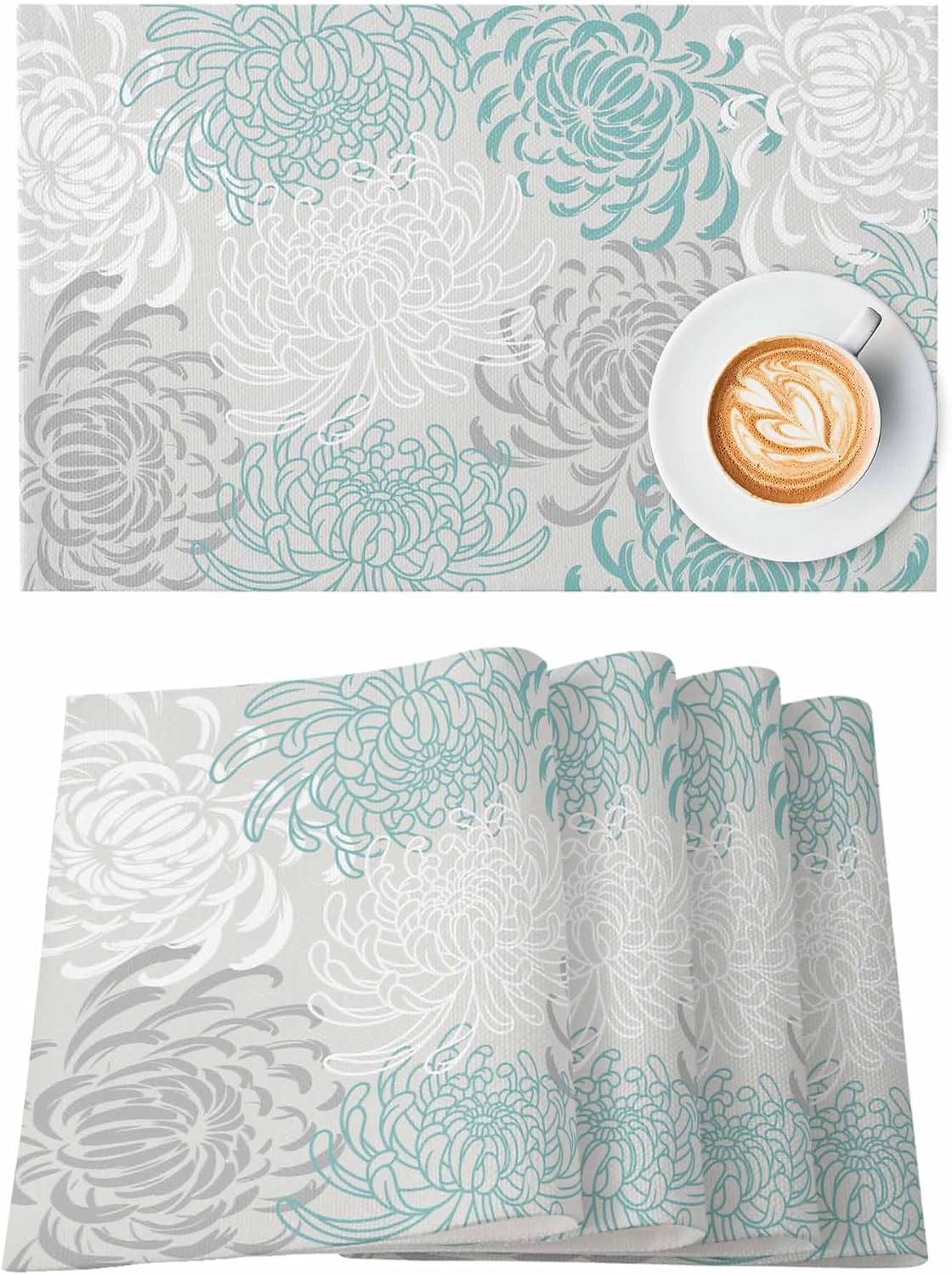 Placemats for Dining Table Set of 4, Aqua Chrysanthemum Flowers Cotton Linen Table Mat for Wedding/Banquet/Baby Shower/Party, Waterproof Cloth Place Mat 13''x19'', Floral Grey Background