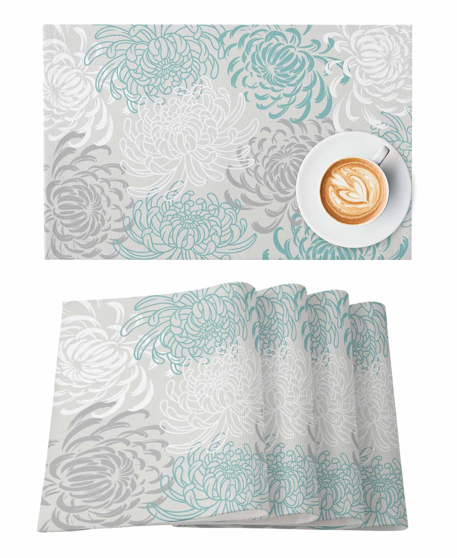 PIEPLE Aqua Chrysanthemum Flowers Placemat for Dinning Table Placemat Set of 4-Cotton Linen, Waterproof Cloth Table Mat-Easy Clean Place Mat Machine