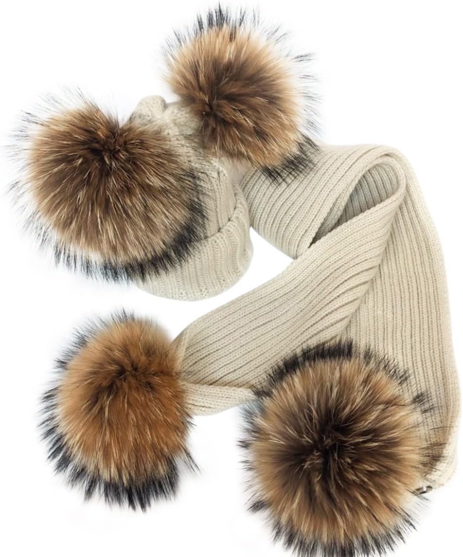 Hat and Scarf Set for Adults and Kids, Winter Knitted Beanie Hat and Long Scarf Set with Faux Fur Pom Poms