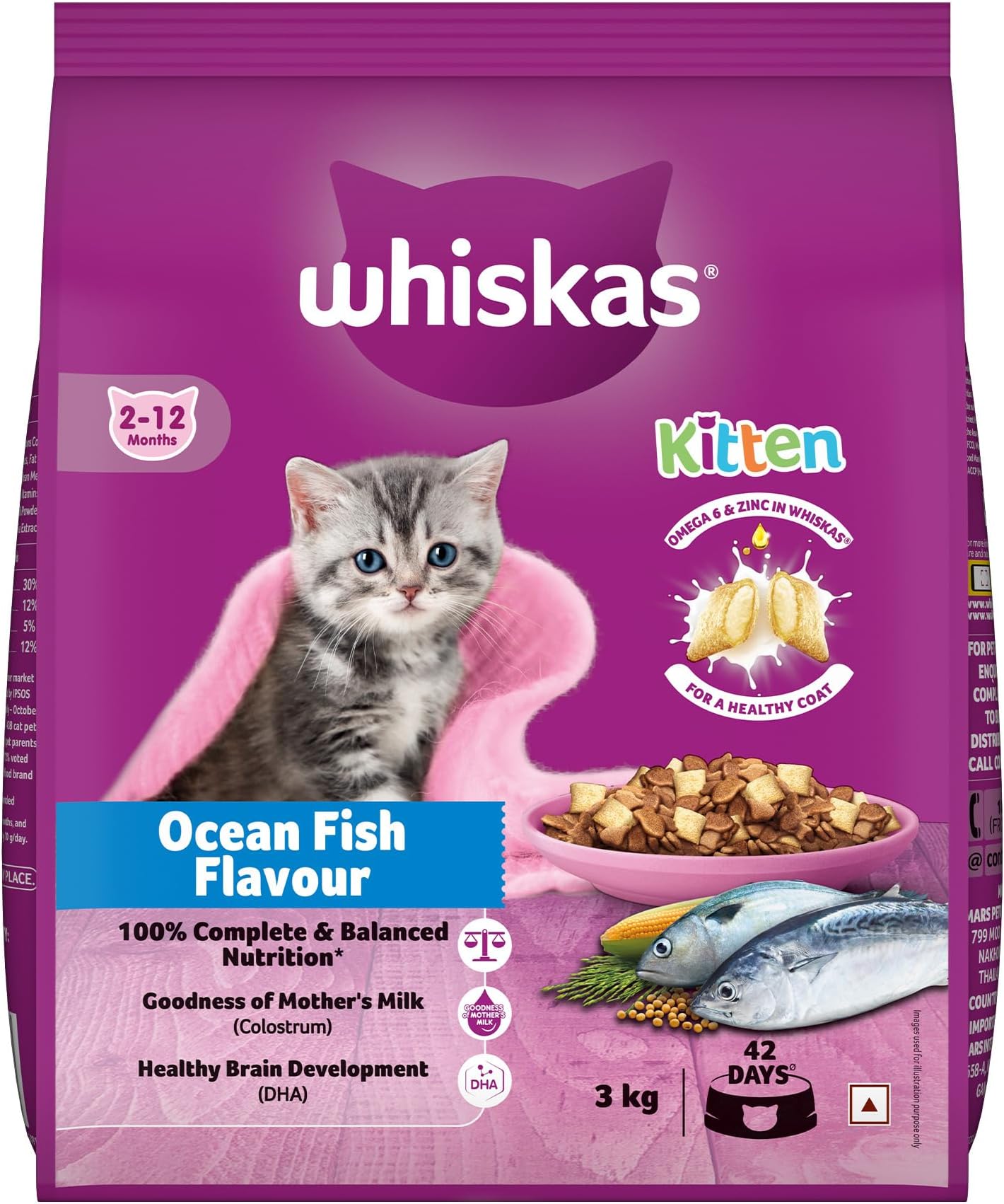 Whiskas Junior Mother Cat & Kitten (2-12 Months) Dry Cat Food, Ocean Fish Flavour, 3kg, Contains 41 Essential Nutrients, Complete & Balanced Nutrition for Mother Cats & Kittens