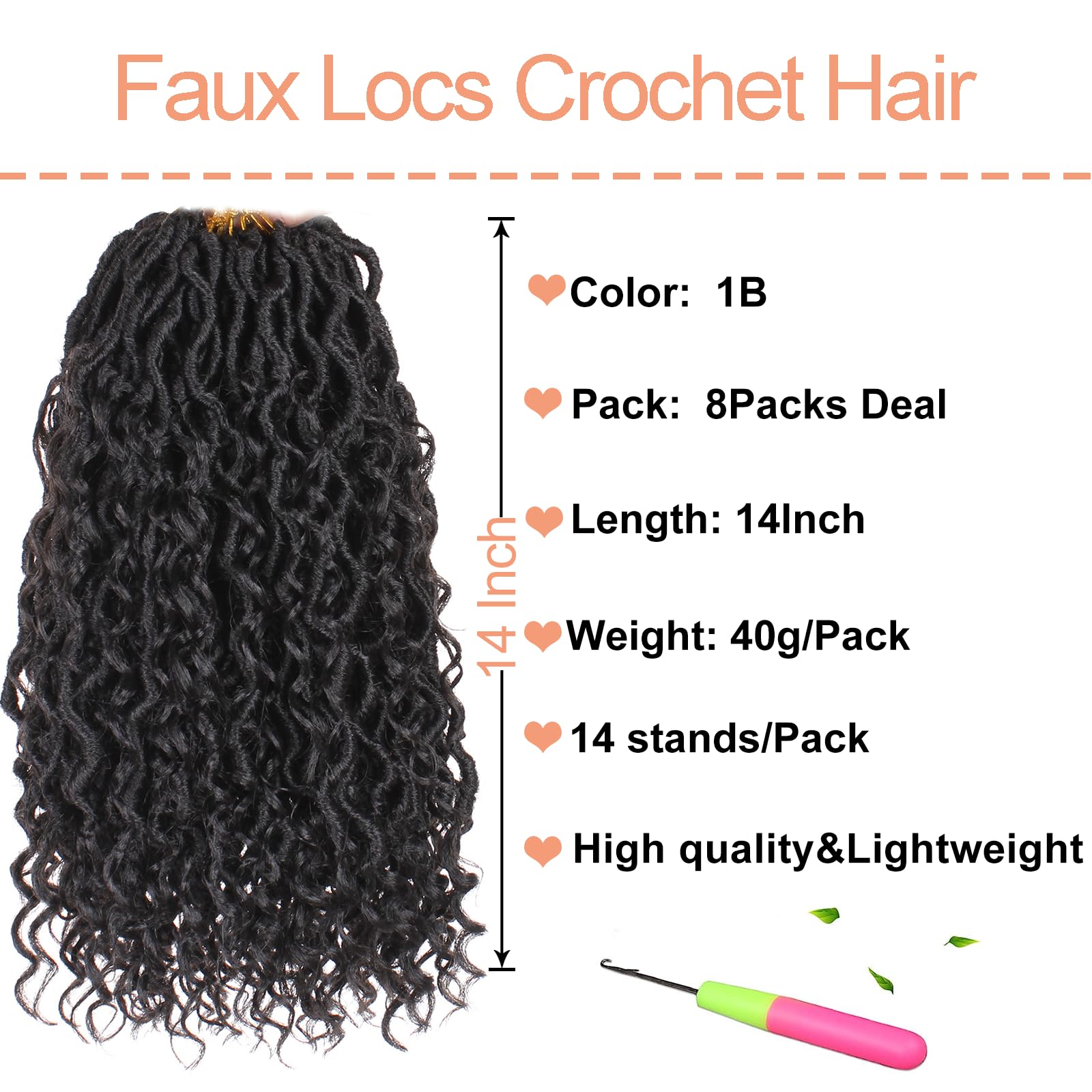 MSCAT Mscat 14 Inch 8 Packs Black River Goddess Faux Locs Crochet Hair Wavy With Curly Ends Pre-looped River Locs Synthetic Crochet Braiding Bohemian Faux Locs Hair Extensions (14Strands/Pack 1B#) - Image 2