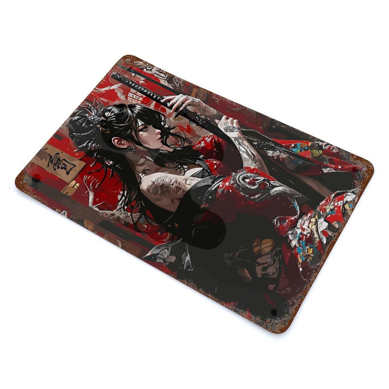 Aged Metal Wall Plaque with Tattooed Geisha with Katana Design 11.8"x7.9", for Cafe, Home Bar And Lounge Decor, Novelty Wall Decor