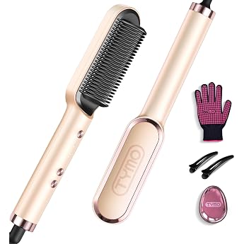 TYMO Ring Straightening Brush Hair Straightener Brush - Ceramic Straightener and Hair Brush 2 in 1 Electric Scalding Protection Straightening Brush Comb 25s Fast Heating 5 Temp Settings Peach