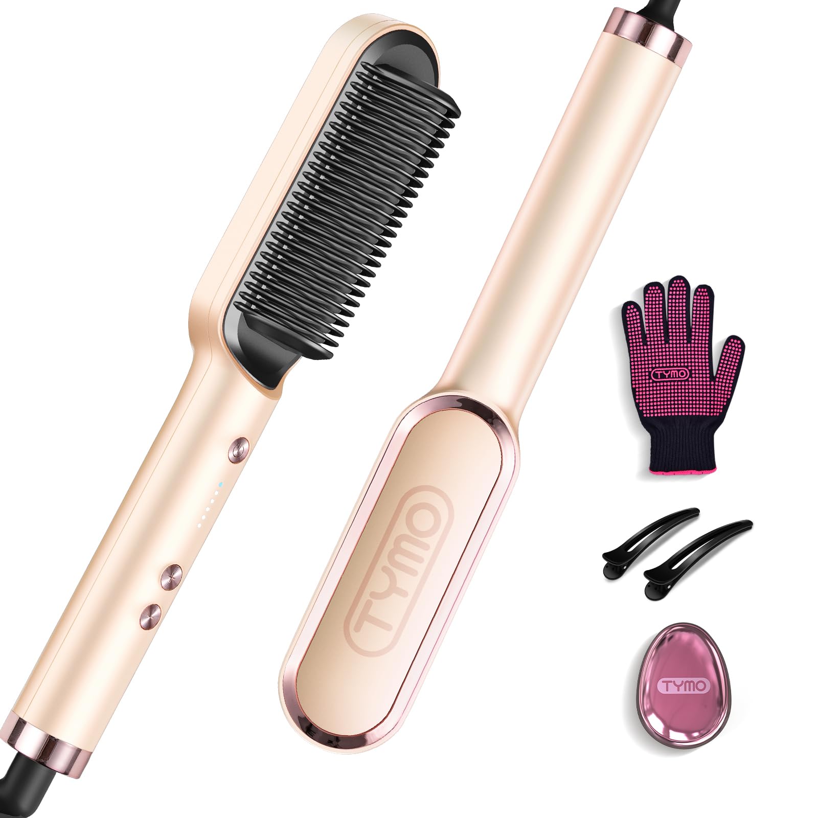 TYMO RING Glättbürste Haarglätter Bürste - Keramik Glätteisen und Haarbürste 2 in 1, Elektrische Verbrühungsschutz Glättungsbürste Kamm, 25s Schneller Aufheizen, 5 Temp Einstellungen, Pfirsich