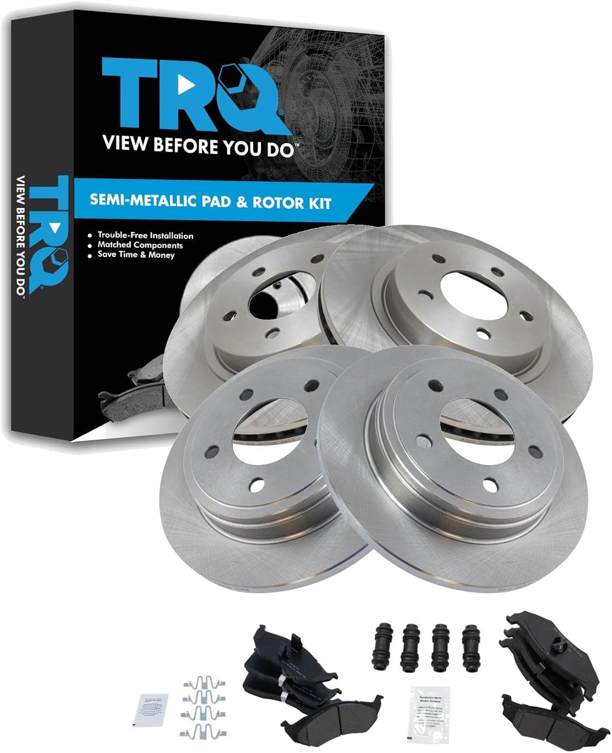 TRQ Front and Rear Brake Pad and Rotor Set Semi Metallic Vented Solid Rotors Compatible with 1999-2004 Chrysler 300M 1998-2004 Concorde 1999-2001 LHS 1998-2004 Dodge Intrepid