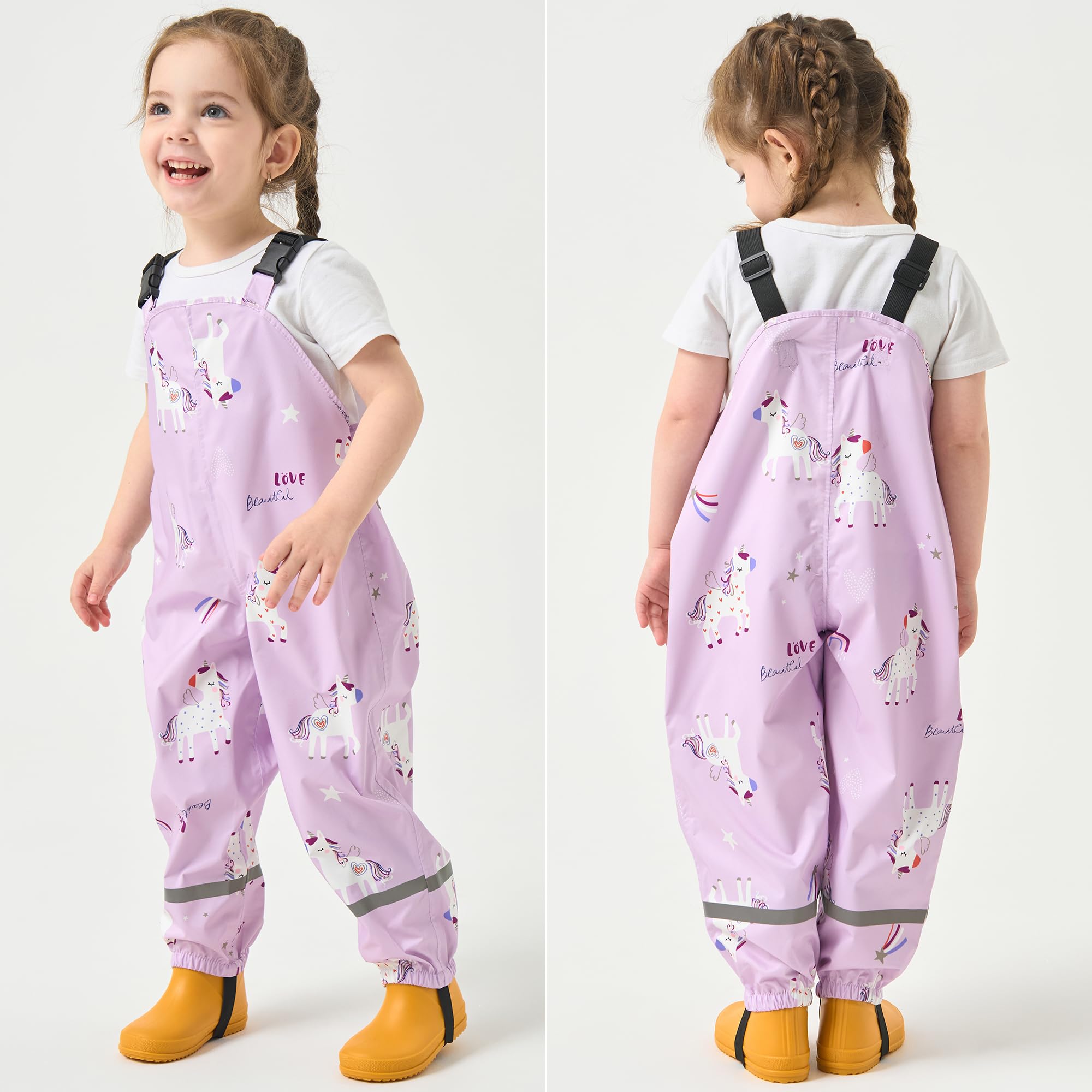 Fewlby Pantalon Impermeable Niñas, Pantalones Barro Peto de Lluvia Niños Mono Impermeable con Tiras Reflectantes Chubasquero Outdoor Traje Impermeable