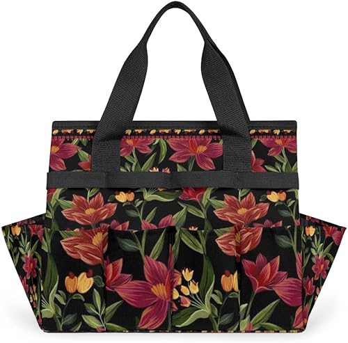 Vintage Floral Print Garden Tool Tote Bag for Women Men Gardening Tool Storage Bags with 10 Pockets Standable Garden Home Tool Kits Organizer for