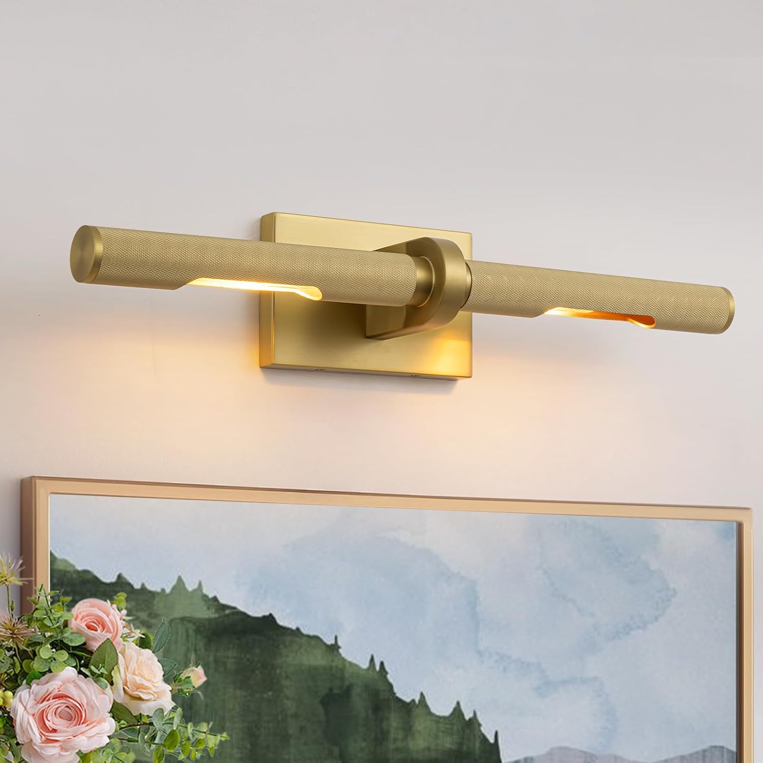 2-Light Brass Picture Light 23.6" Frame Lights for Wall, Modern Gold Wall Sconces with 360° Rotating Knurled Texture Cylinder Aluminum Shade, Gallery Light for Art Pictures Display Painting