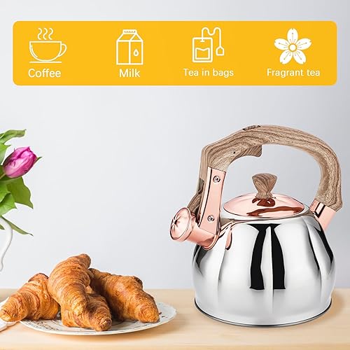 Miniatura 7 de Hervidor de té de acero inoxidable para estufa, teteras silbando con mango ergonómico a prueba de calor, 2.5 cuartos de galón