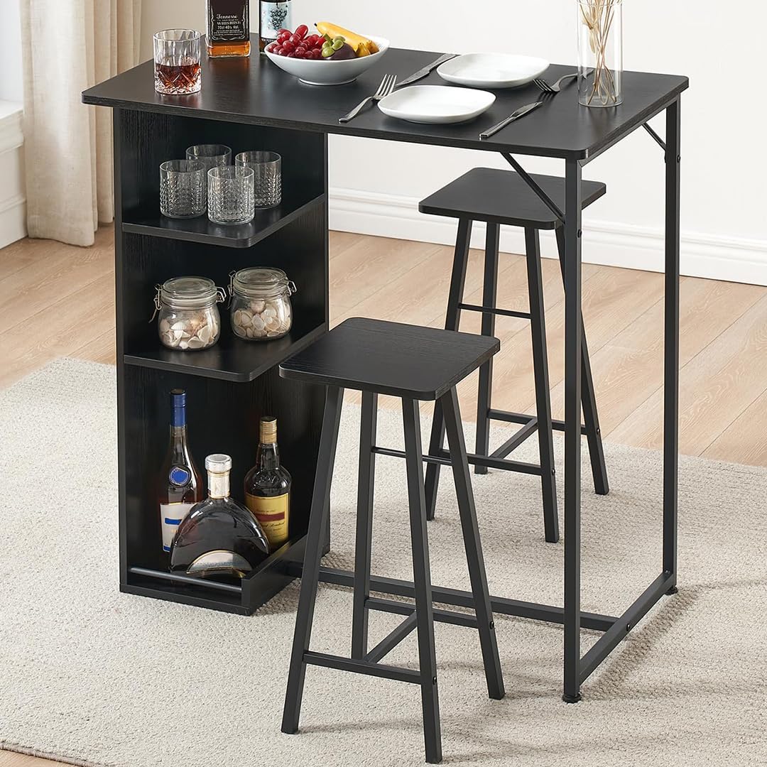 Mesa de Bar con 2 taburetes Altos: Mesa 90x50x90 cm, 2 taburetes Duros 27x27x60 cm, Madera, Soporte metálico, Almacenamiento Abierto, Ideal para Bar y Comedor, Color Negra