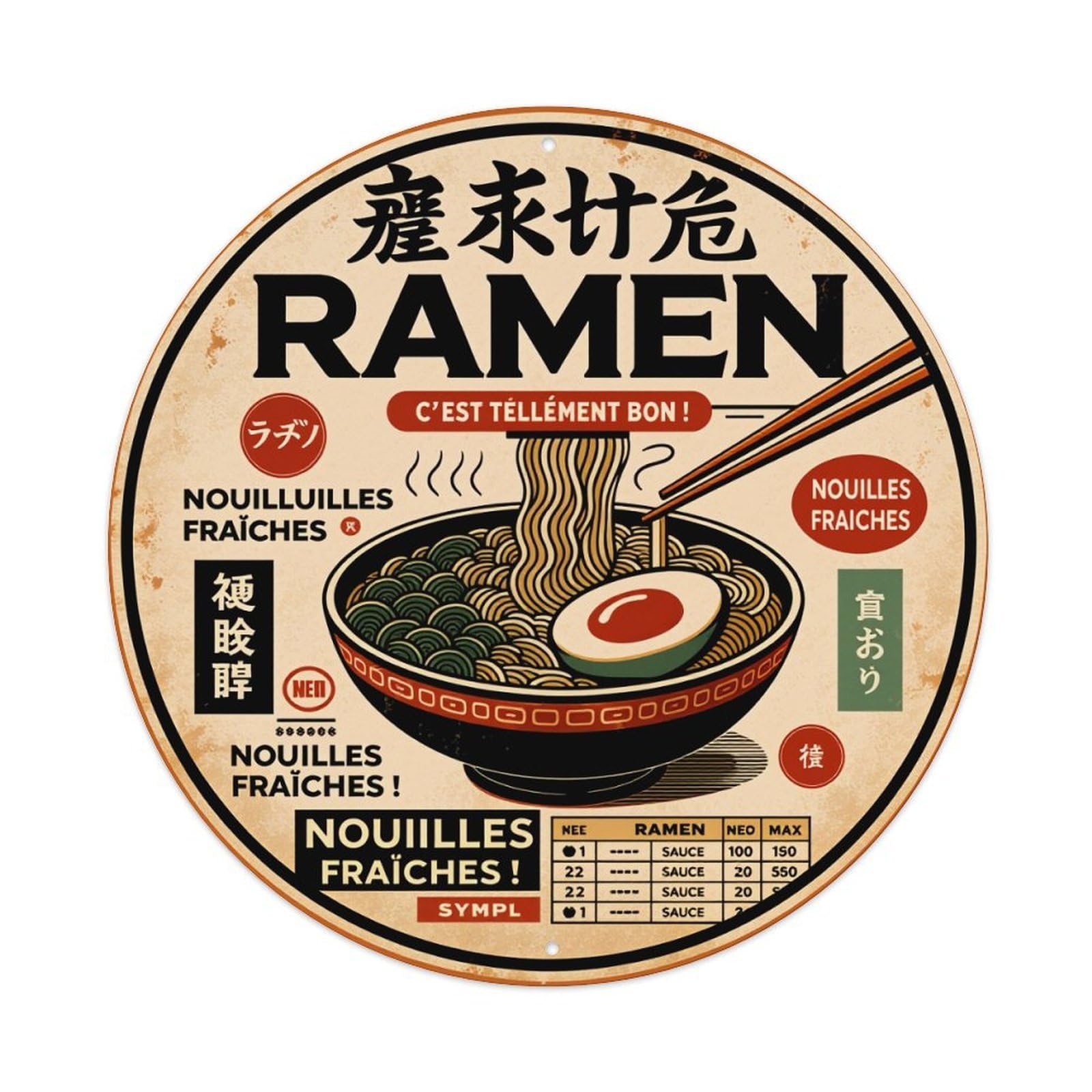 Wmlzdnwr Vintage Ramen Noodles Fresh Bowl Egg Chopsticks Steam Text Pattern Round Tin Sign,Retro Wall Art,Metal Poster For Home, Bar, Garage, Cafe, Rustic Indoor & Outdoor Decor, 8X8 Inches