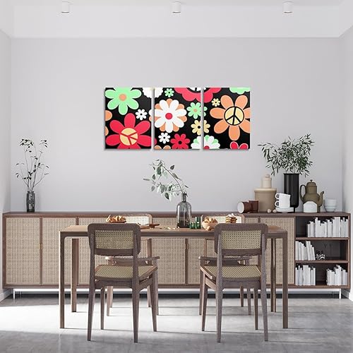 Miniatura 2 de Feelyou Lienzo de pared retro de flores hippie para sala de estar, 12 x 16 x 3 piezas, imagen de la paz de los años 60 y 70 S, diseño floral vintage