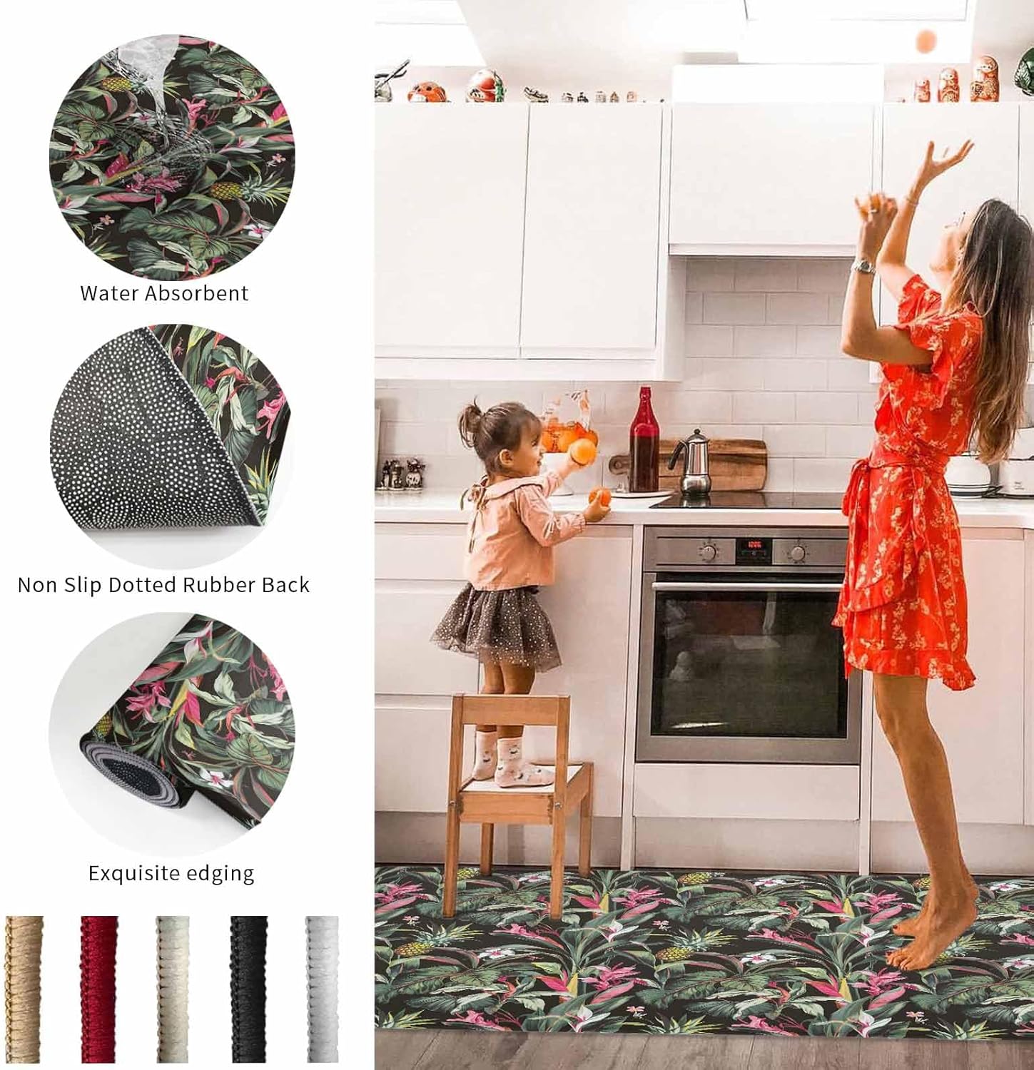 2 Pieces Kitchen Rugs and Mats,Watercolor Pineapple Tropical Plant Area Runner Rug Set Non Slip Floor Doormat Washable Carpet Standing Mat for Kitchen Sink Indoor Corridor,Summer Rustic Fruit Black