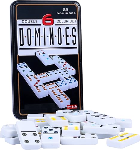 GOTHINK Juego de dominó doble de 6 para adultos con caja de hojalata – 28 juegos de dominó de colores de azulejos para regalo de noche familiar,