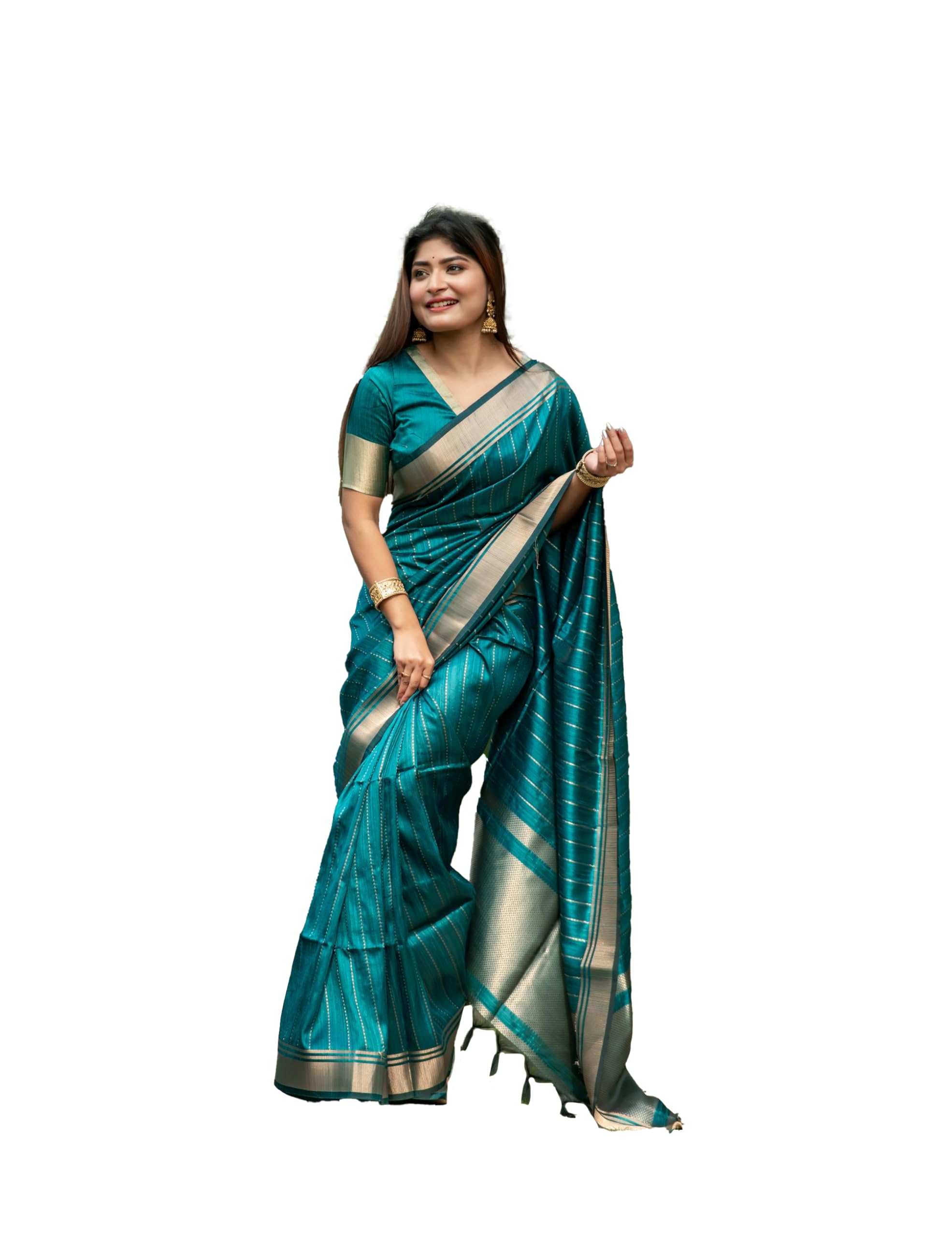 NK Textiles Women's Striped Woven Raw Silk Saree with Tassels (6 COLORS)