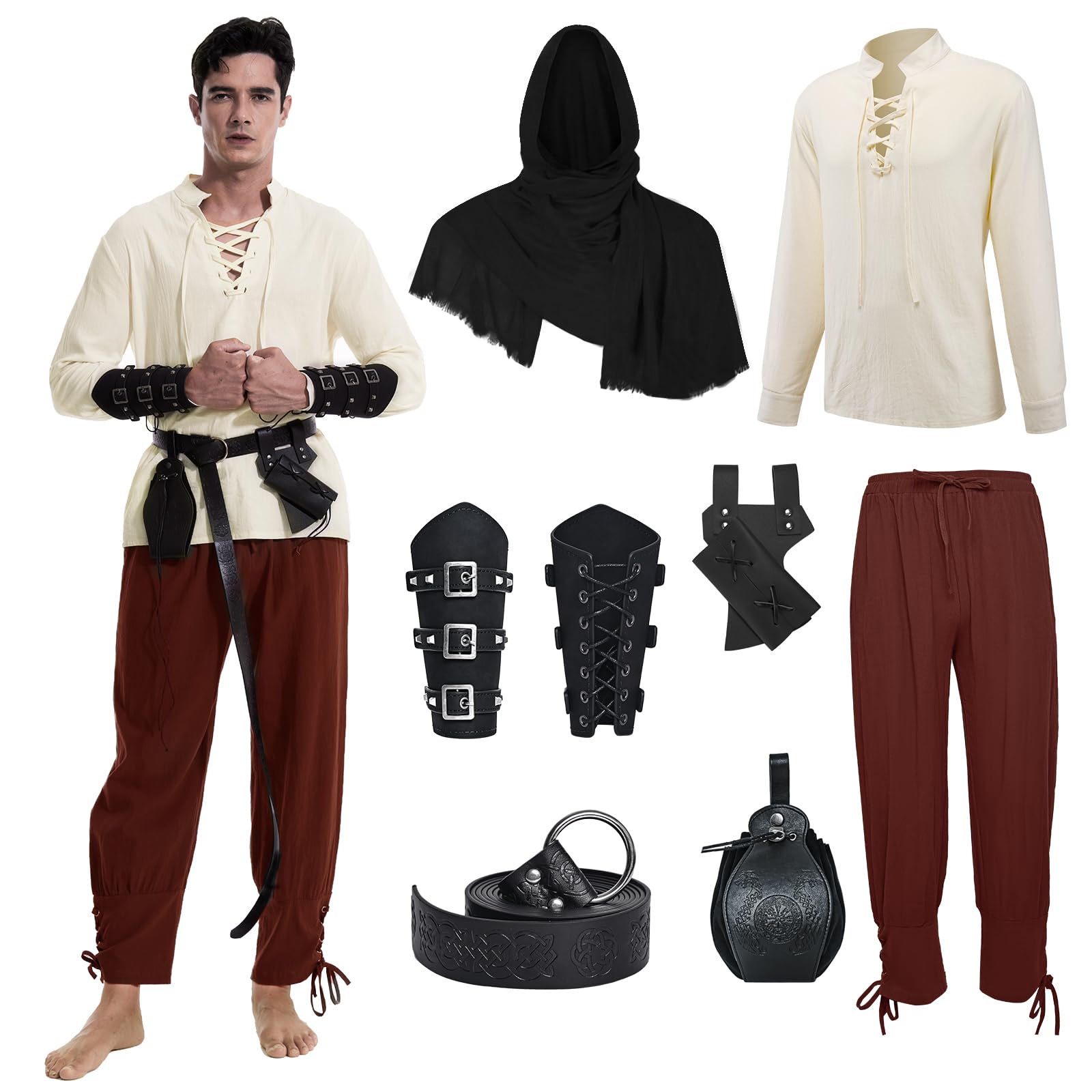 Disfraz medieval renacentista para hombre, disfraz de vikingo, camisa con cordones, pantalones con accesorios, disfraz de Halloween para cosplay, mascarada, magos