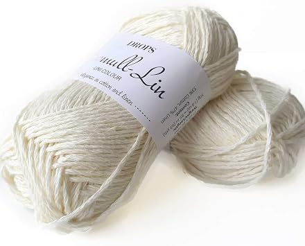 Cotton and Linen Yarn, 4 or Medium, Aran Weight, Drops Bomull-Lin, 1.8 oz 93 Yards per Ball 02 Off White