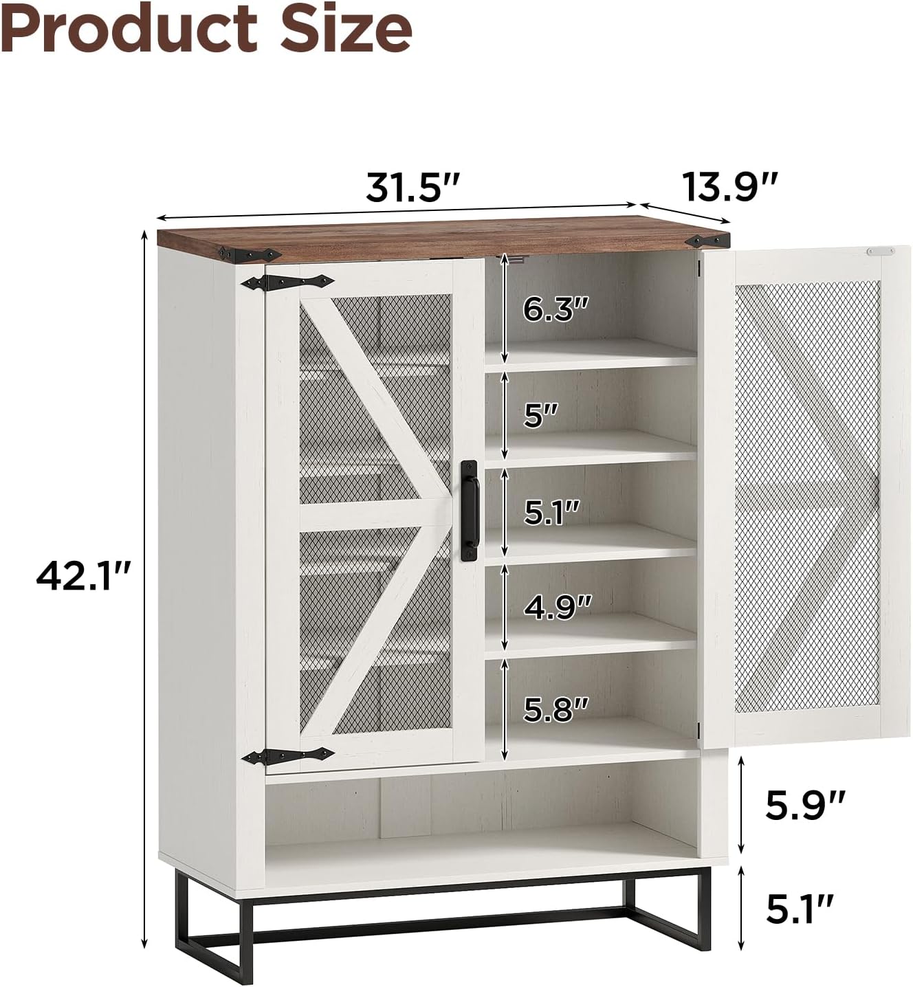 Maupvit 6-Tier Shoe Cabinet with Mesh Doors for Up to 25 Pairs, Farmhouse Shoe Storage Cabinet with Adjustable Shelves & Metal Legs, 42.1" Rustic Wooden Shoe Rack for Entryway, Hallway, Foyer, White