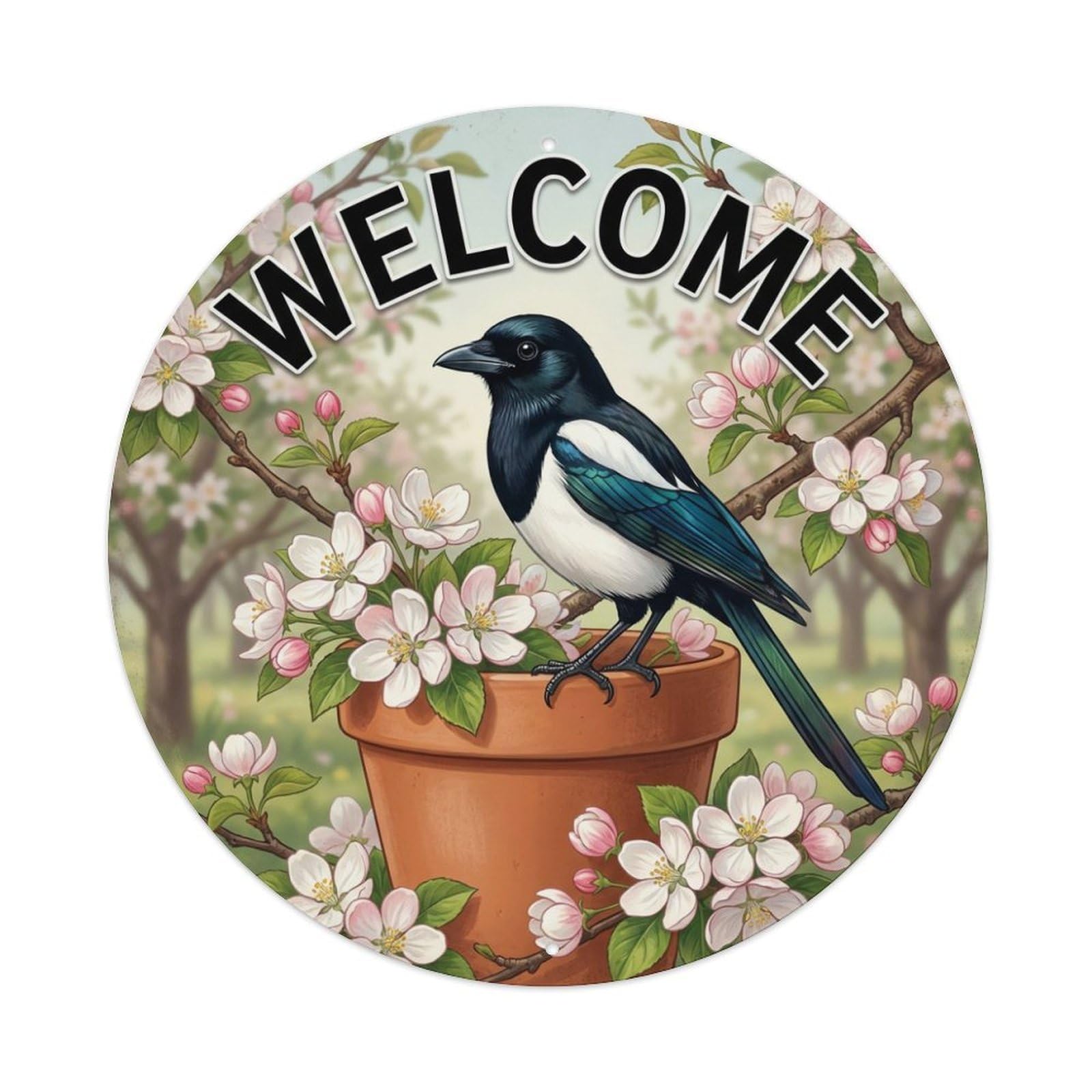 Welcome Magpie Orchard Branch Metal Tin Sign